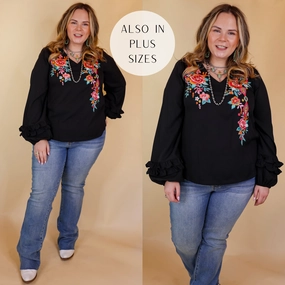 SlipResistant Vineyard Villa Floral Embroidered Top with Long Ruffle Sleeves in Black