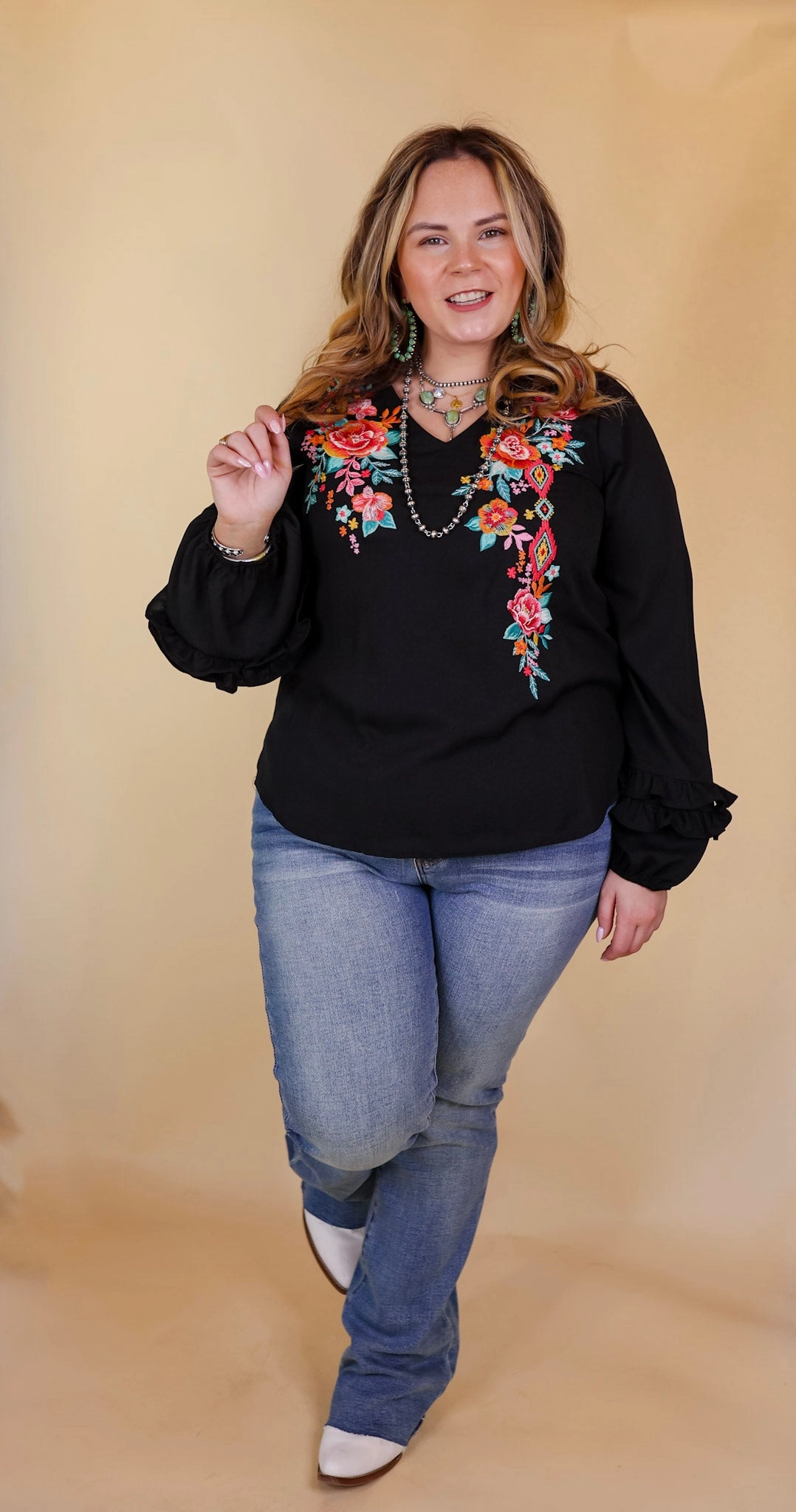 Vineyard Villa Floral Embroidered Top with Long Ruffle Sleeves in Black TurtleneckDesign