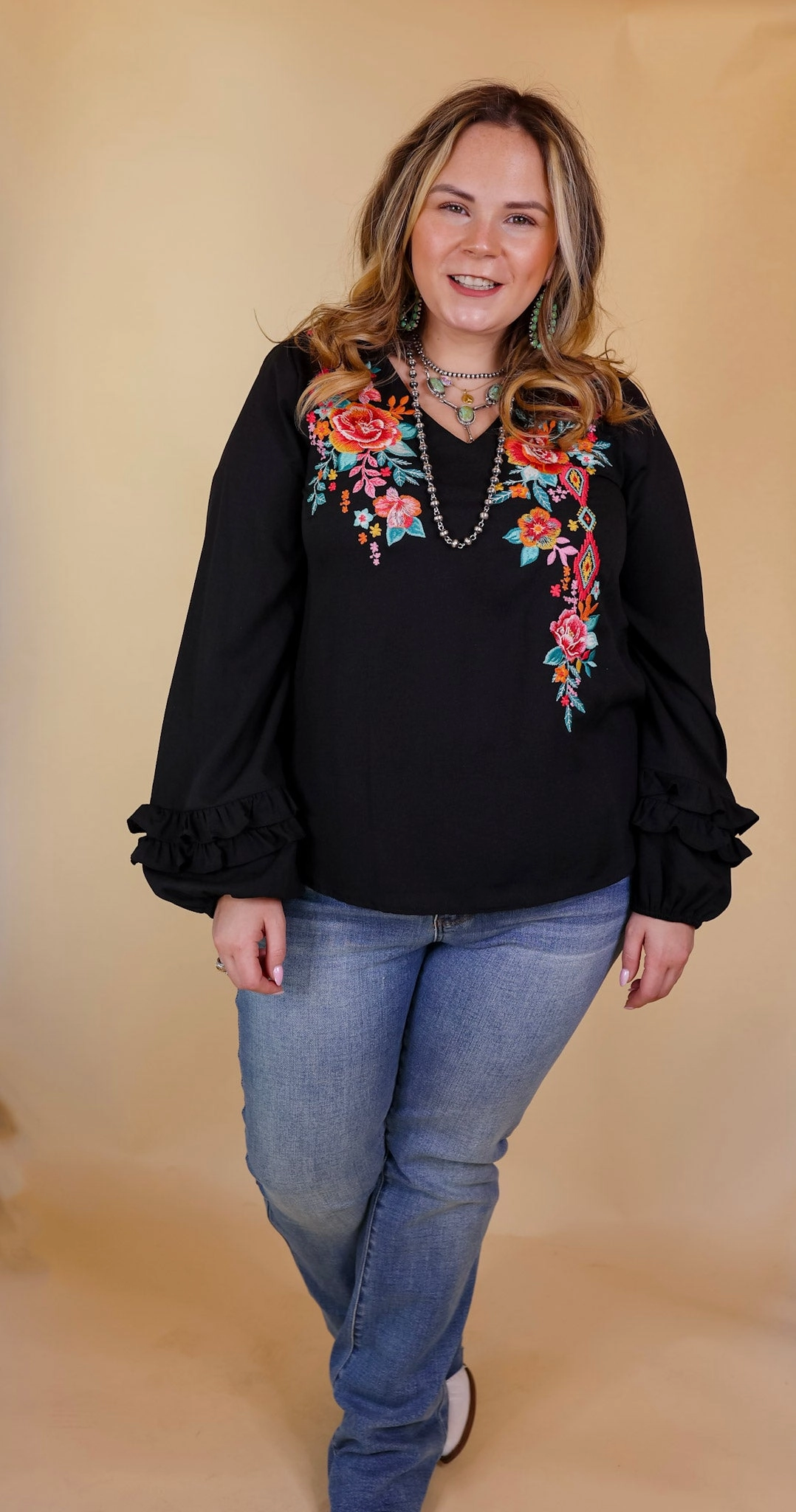 AntiStatic Coating Layered Neckline Vineyard Villa Floral Embroidered Top with Long Ruffle Sleeves in Black