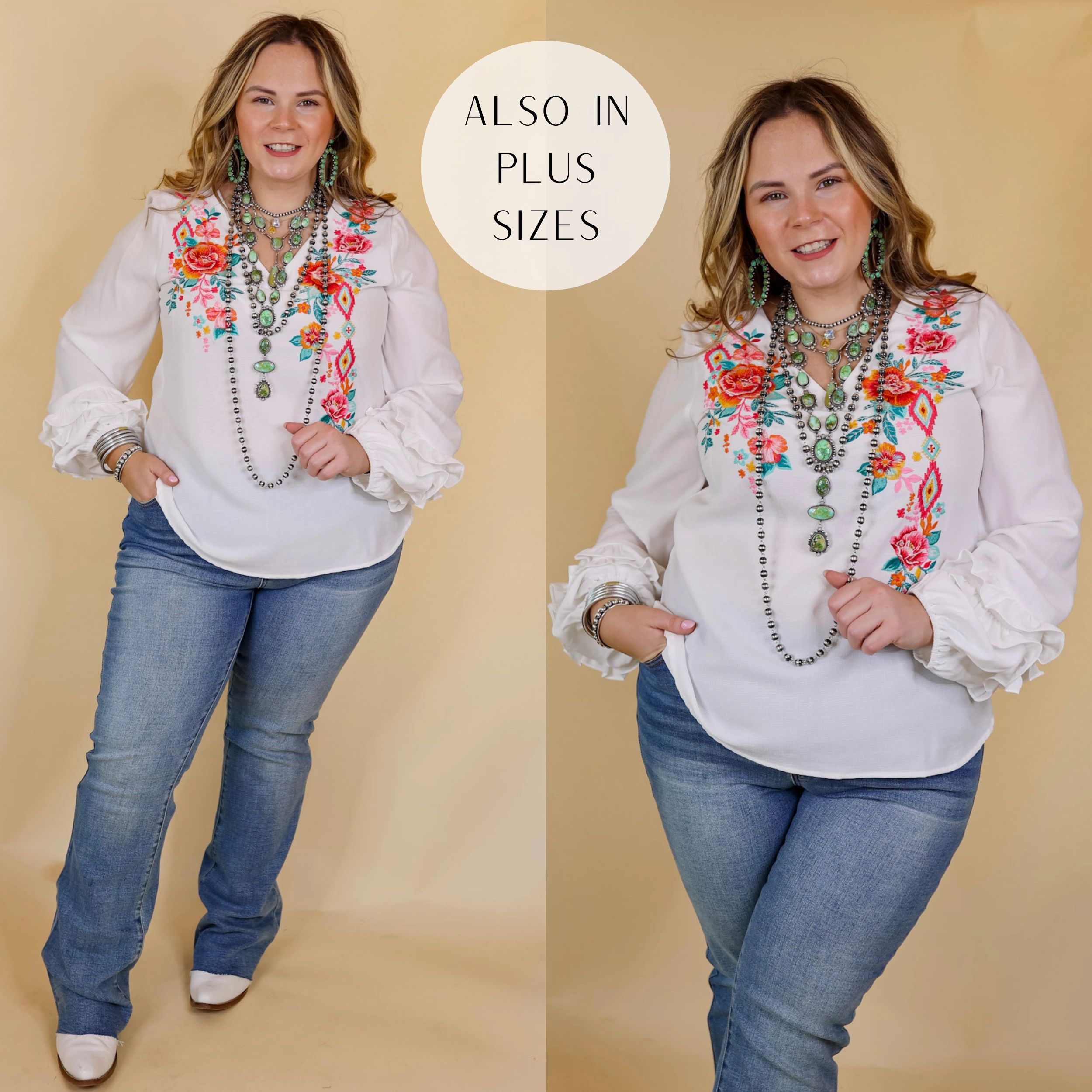 Vineyard Villa Floral Embroidered Top with Long Ruffle Sleeves in White OdorControl Technology Heather Effect Finish
