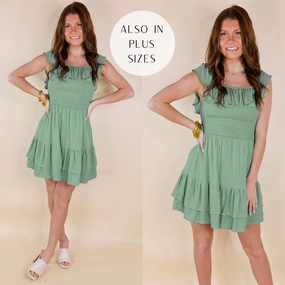 Feeling Refined Ruffle Tiered Dress with Smocked Bodice in Sage Green Cozy Cardigan