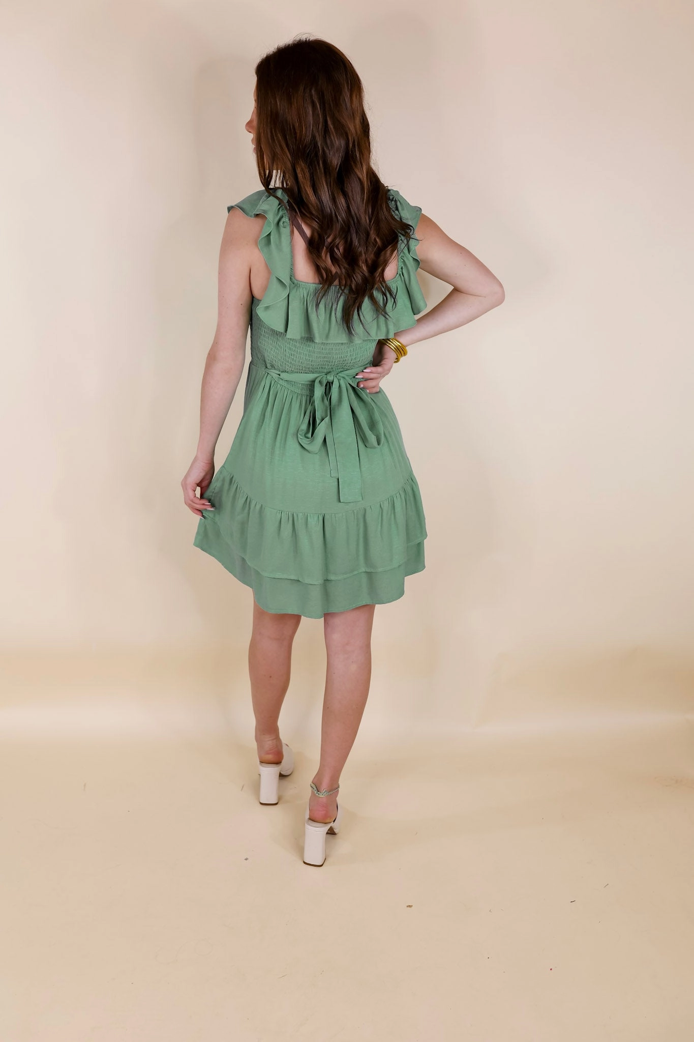 Feeling Refined Ruffle Tiered Dress with Smocked Bodice in Sage Green Drive Core