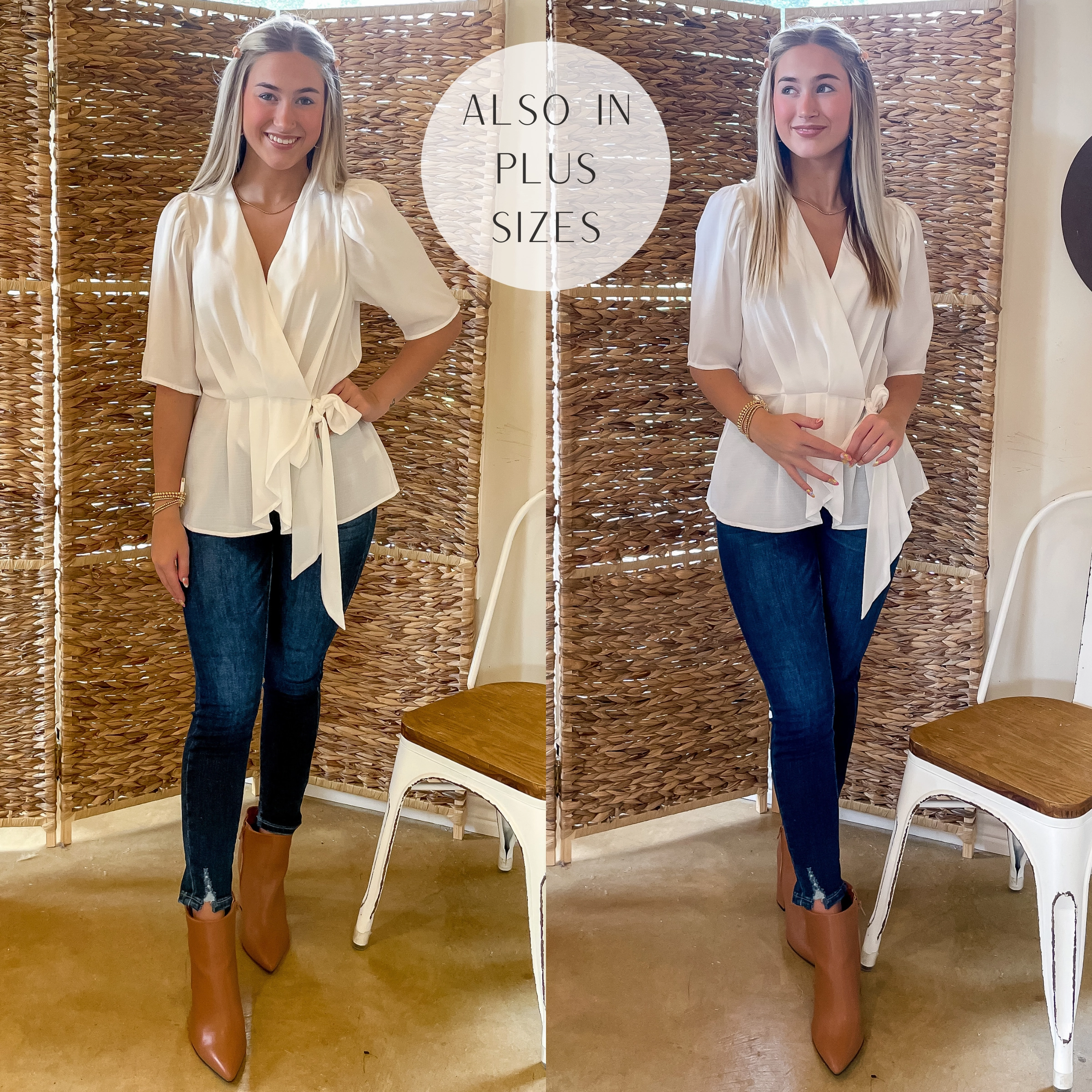 FlexibleFit Last Chance Size Small & Medium | Feeling Fancy Wrap Top with Waist Tie in White