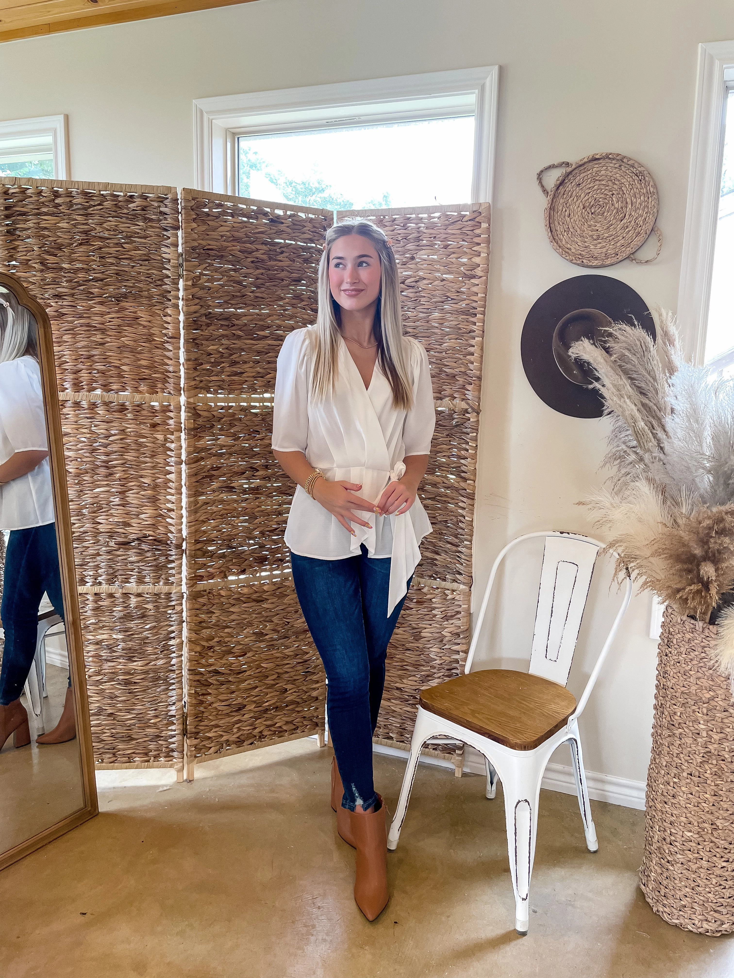 Last Chance Size Small & Medium | Feeling Fancy Wrap Top with Waist Tie in White QuickDryingTech PunctureResistant Fabric