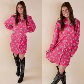 The Cowgirl Way Button Up Cow Print Cowboy Hat Dress in Hot Pink Adaptable Outfit Casual Pants
