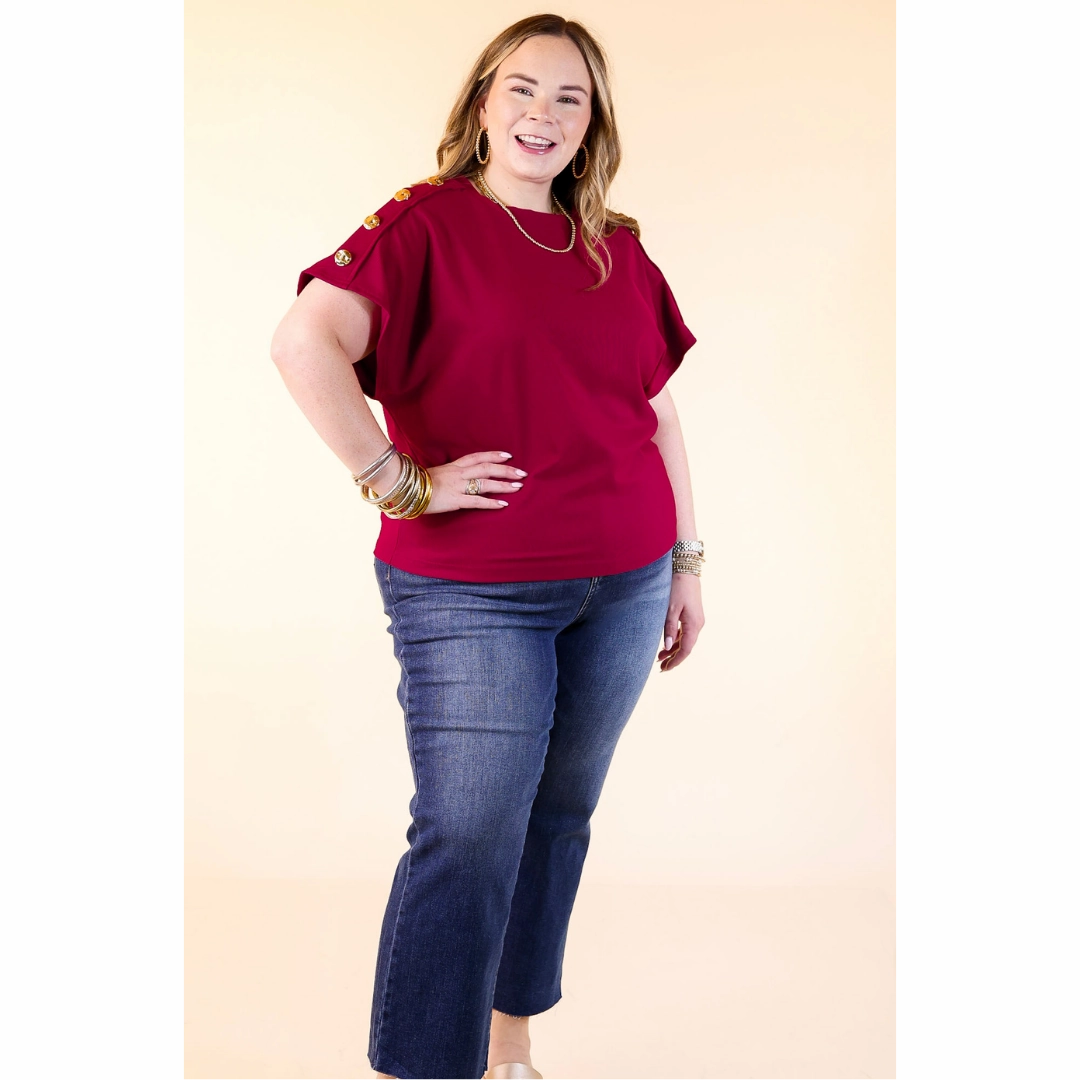 Formal Elegance Golden Hour Glow Ribbed Crew Neck Top With Gold Button Detailing in Maroon