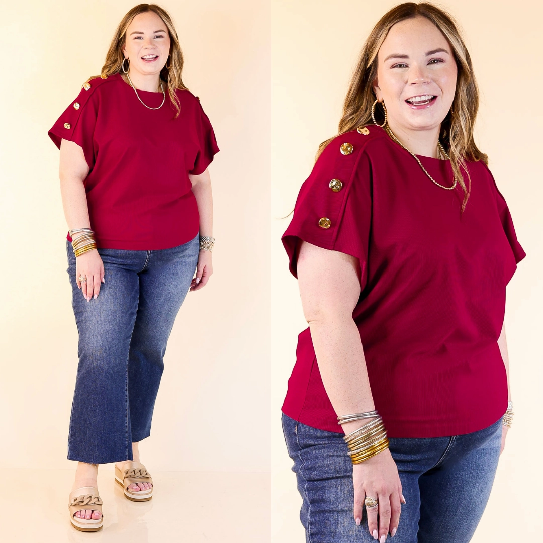 Anti-static Thermal regulation Golden Hour Glow Ribbed Crew Neck Top With Gold Button Detailing in Maroon