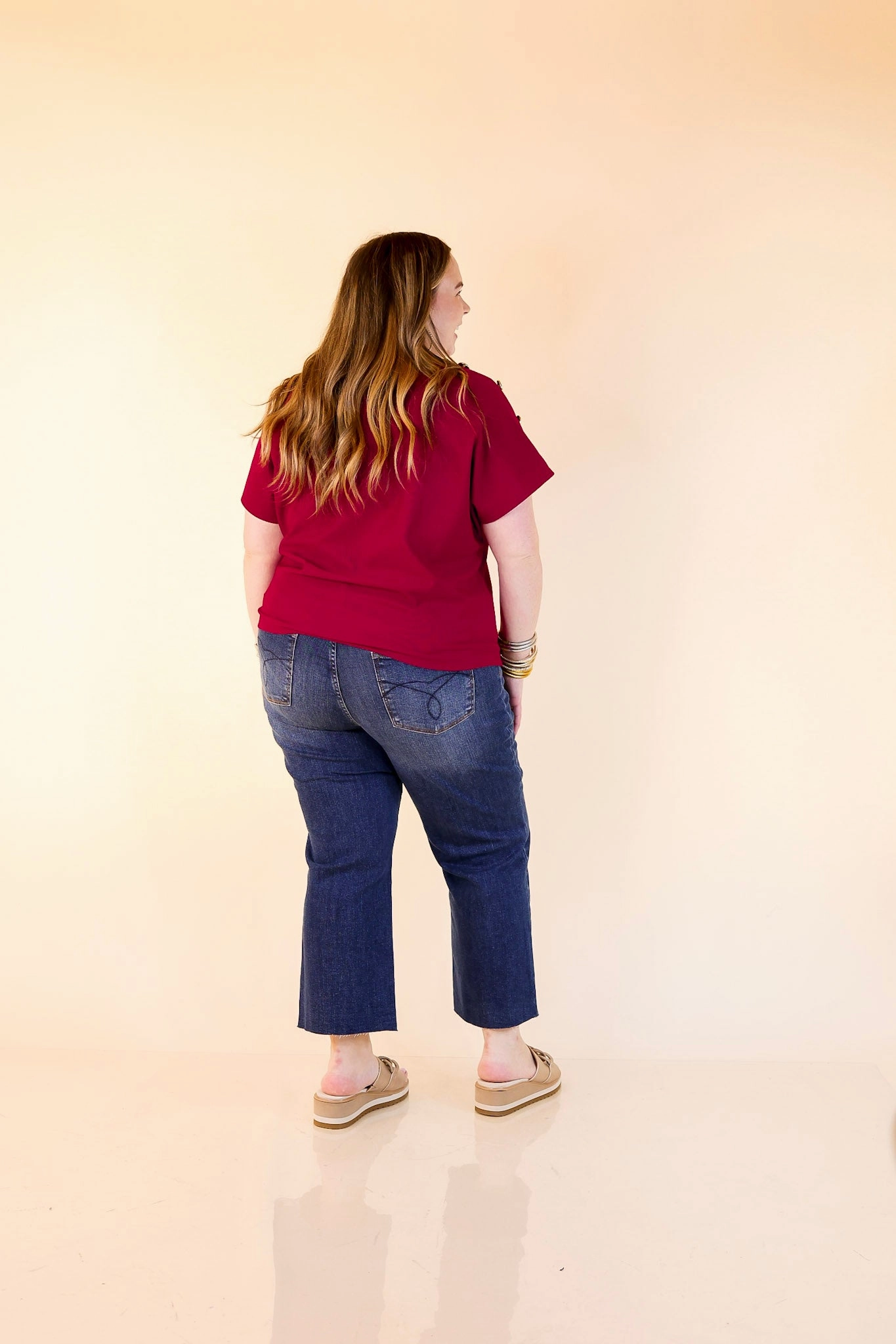 Low Profile Pocket Design Golden Hour Glow Ribbed Crew Neck Top With Gold Button Detailing in Maroon