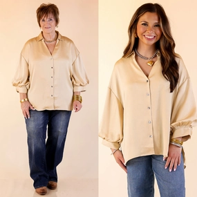 Sweet Notion Button Up 3/4 Balloon Sleeve Top in Gold Airflow Ventilation System Affordable Fashion