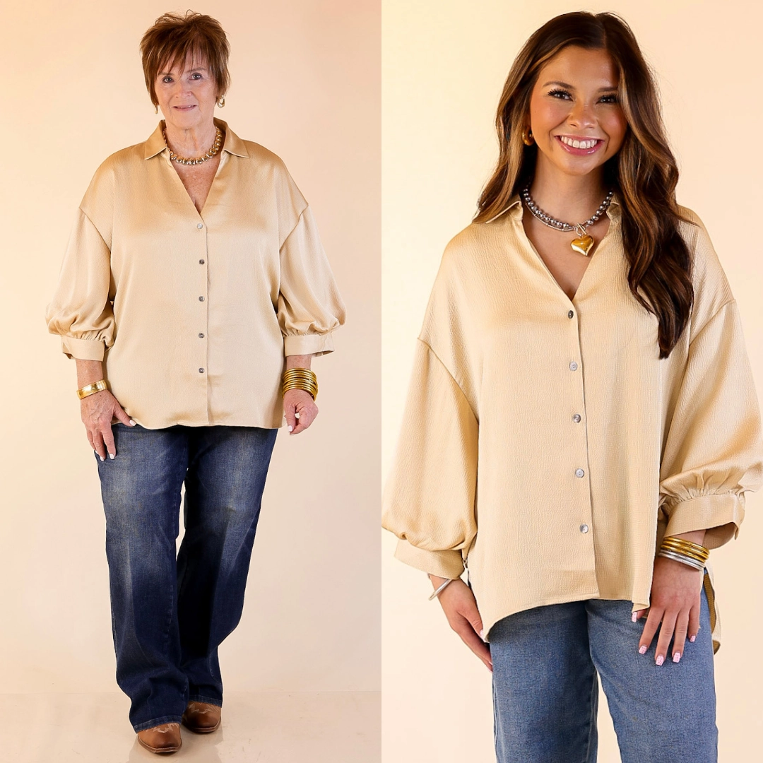 Sweet Notion Button Up 3/4 Balloon Sleeve Top in Gold Airflow Ventilation System Affordable Fashion