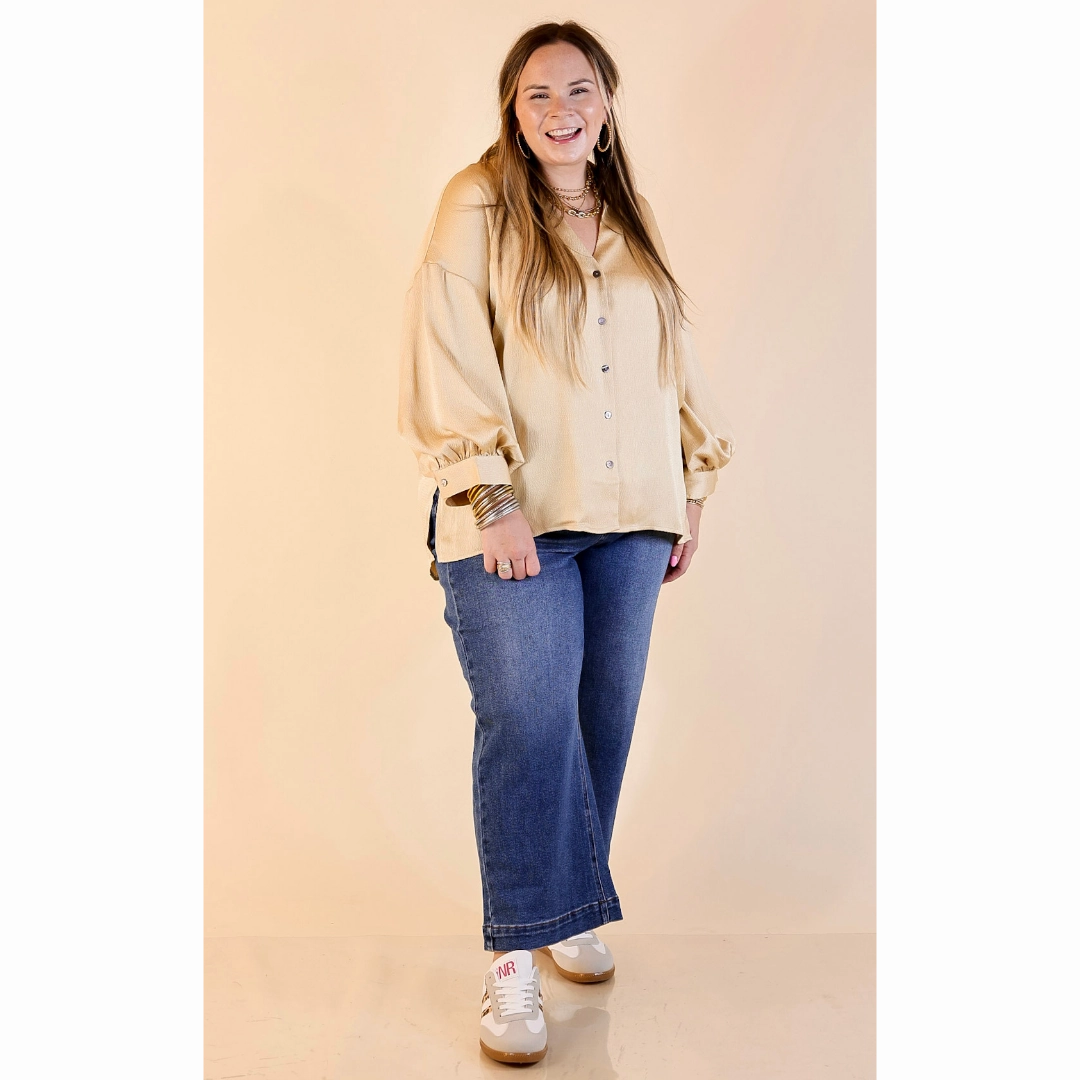 Urban Fashion Performance Fabric Sweet Notion Button Up 3/4 Balloon Sleeve Top in Gold