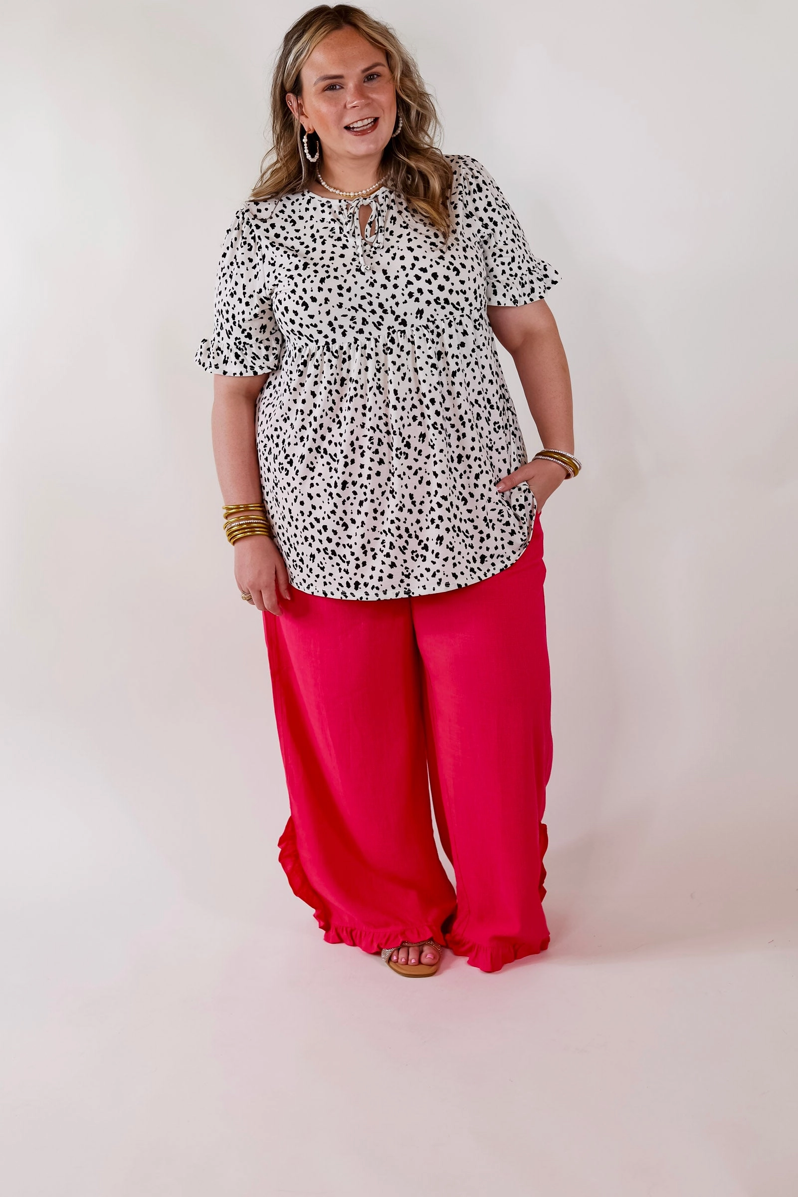 Outdoor Footwear Waiting For A Sign Cheetah Print Babydoll Top with Keyhole and Tie Neckline in Ivory