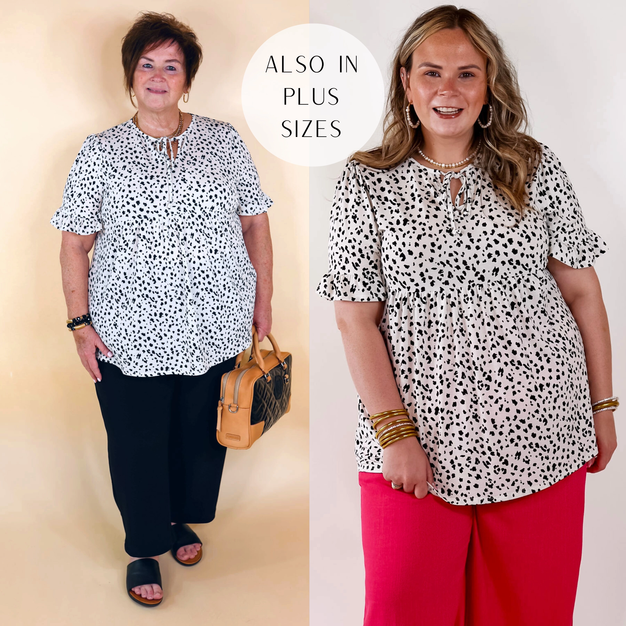 QuickRelease Fasteners Heavy Outerwear Waiting For A Sign Cheetah Print Babydoll Top with Keyhole and Tie Neckline in Ivory