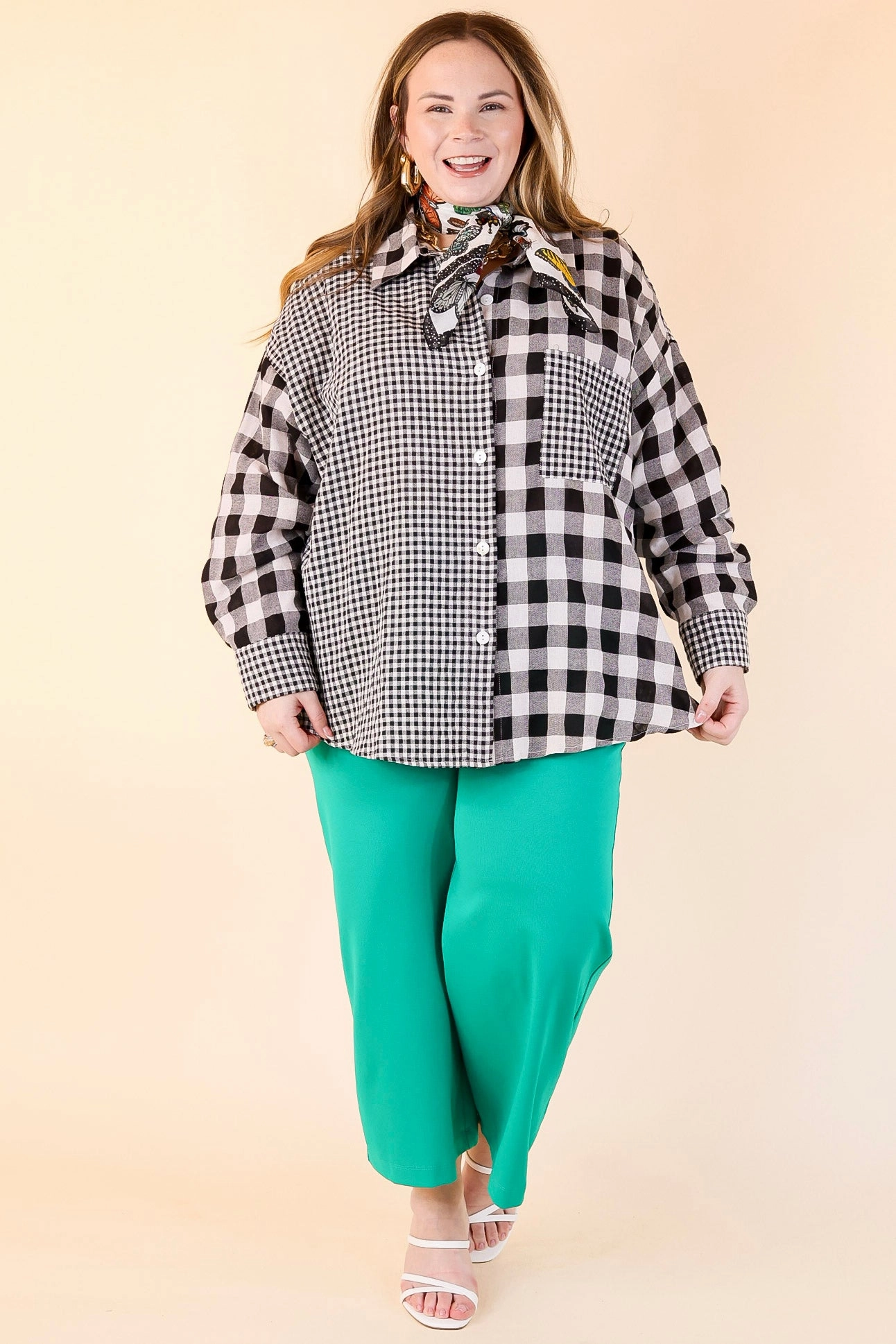 Workwear Casual Smart Casual Wear Waiting For You Mix Plaid Button Up Top in Black