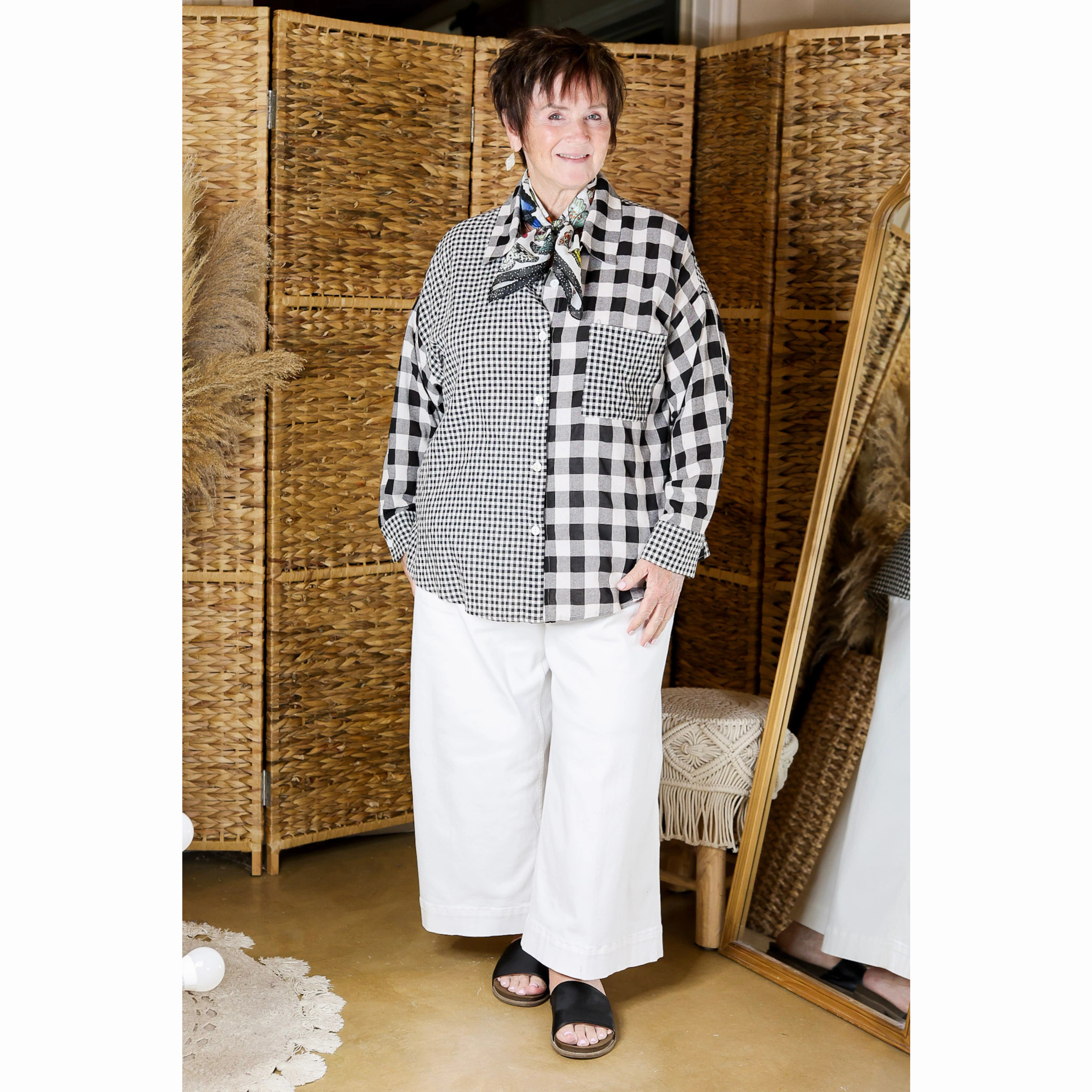 Waiting For You Mix Plaid Button Up Top in Black Pastel Shade