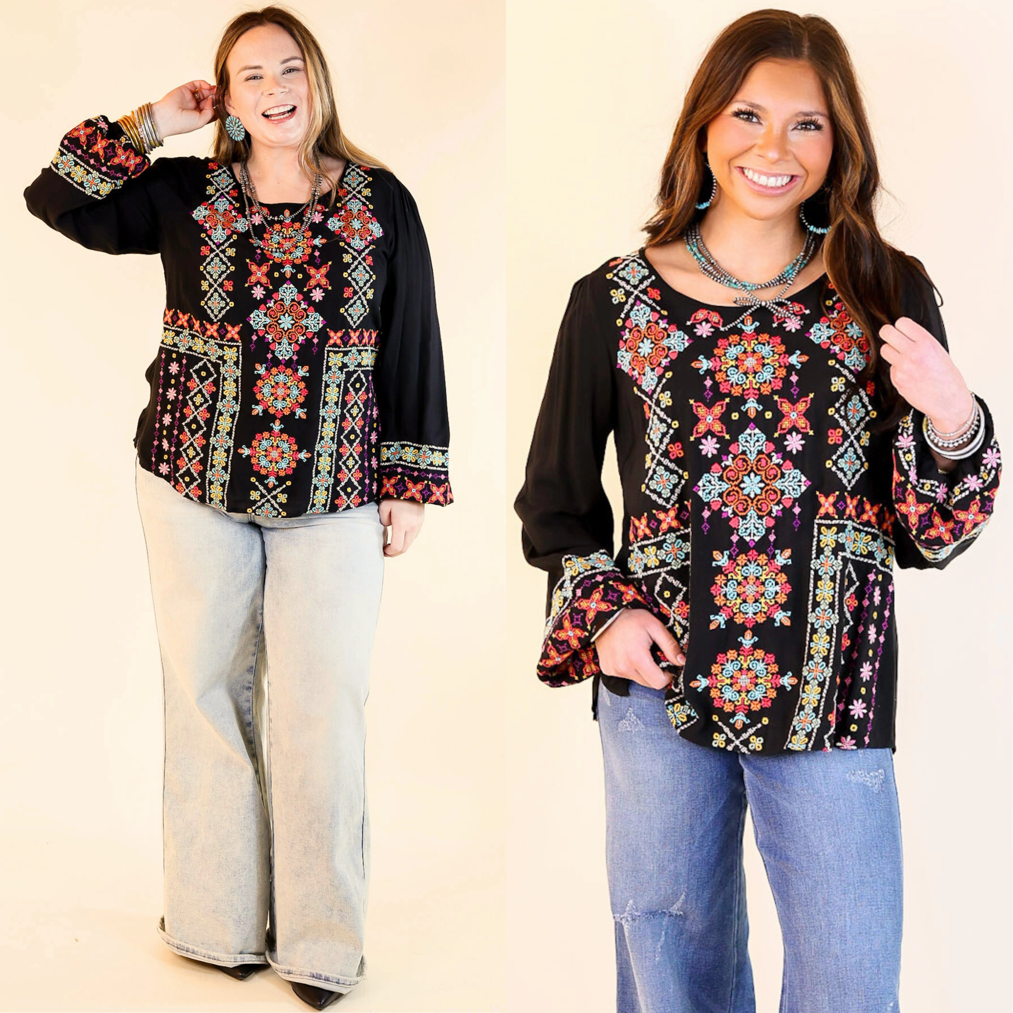 Wrinkle Resistant Finish Wake Up Call Embroidered Long Sleeve Top in Black