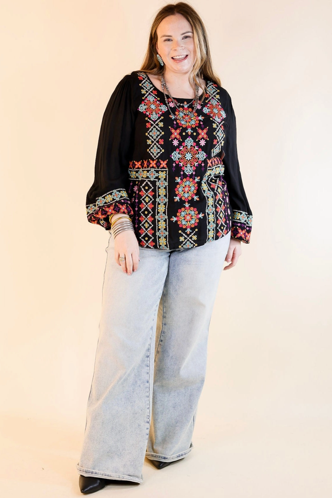 Wake Up Call Embroidered Long Sleeve Top in Black AllDayComfort