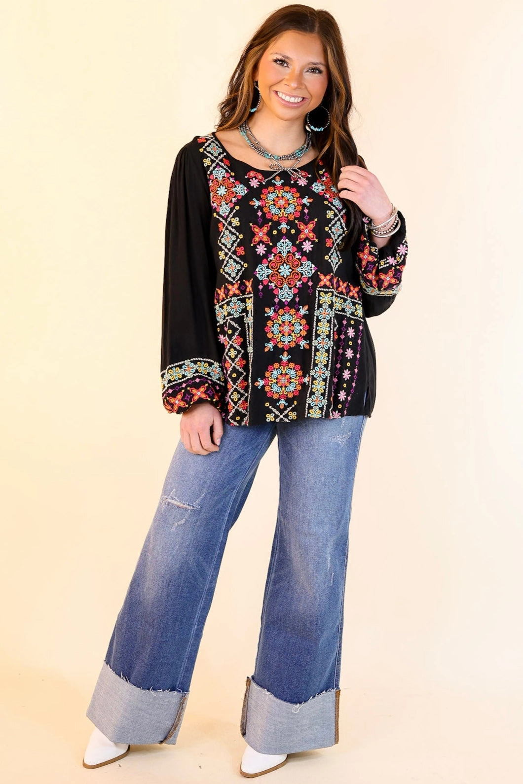 Wake Up Call Embroidered Long Sleeve Top in Black Wrinkle Resistant Weave Water Repellent Finish