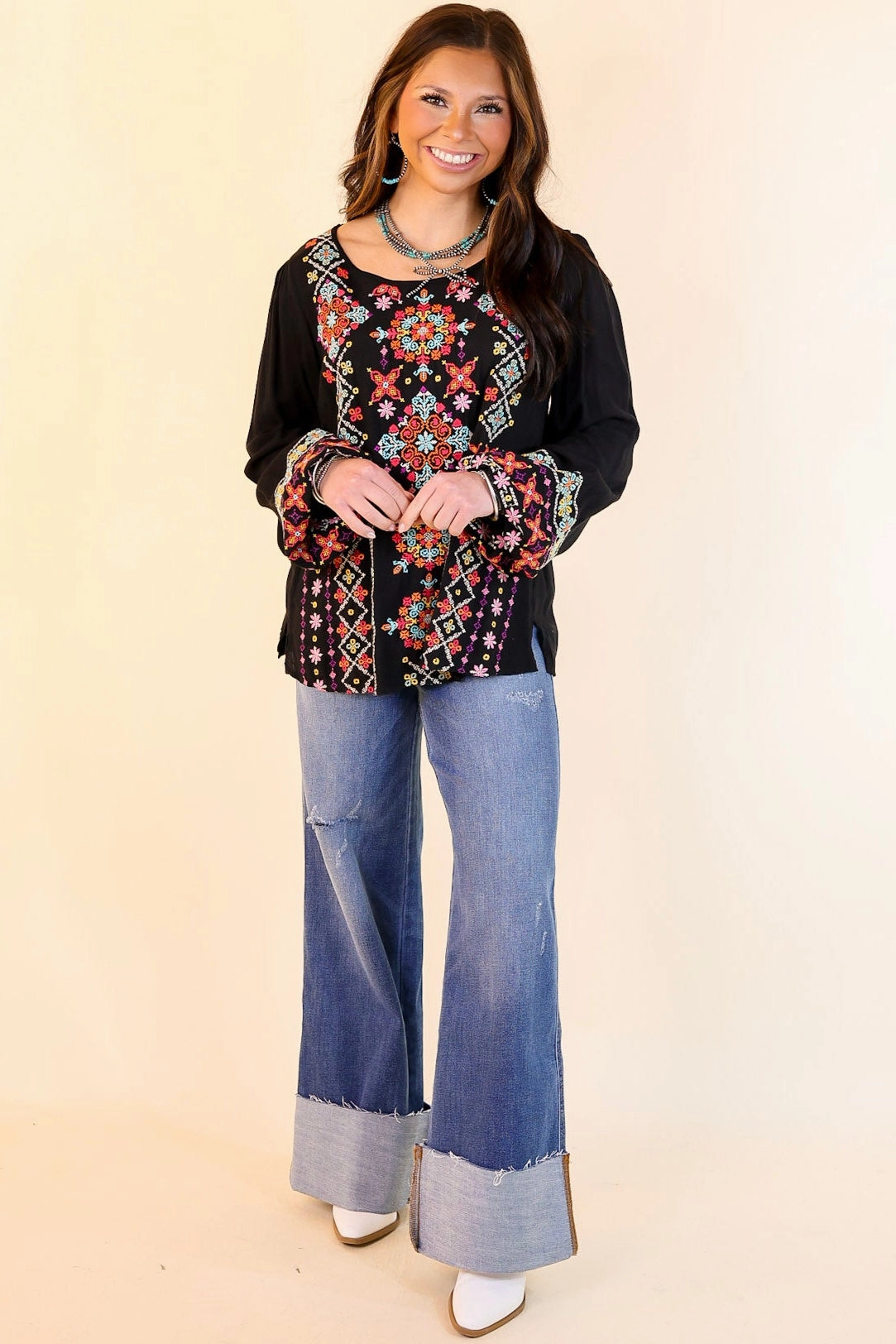 Wake Up Call Embroidered Long Sleeve Top in Black HiddenPocket