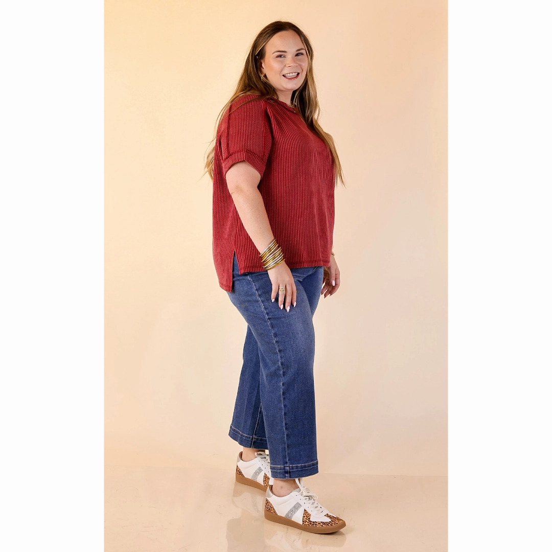 Daily Perfection Scoop Neck Short Sleeve Ribbed Top in Maroon Lightweight Layers Premium Comfort