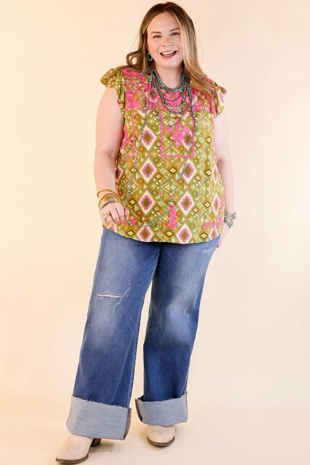 No Bulk Layering System Quality Material Sweet Serenade Aztec Print Top with Pink Floral Embroidery in Olive Green