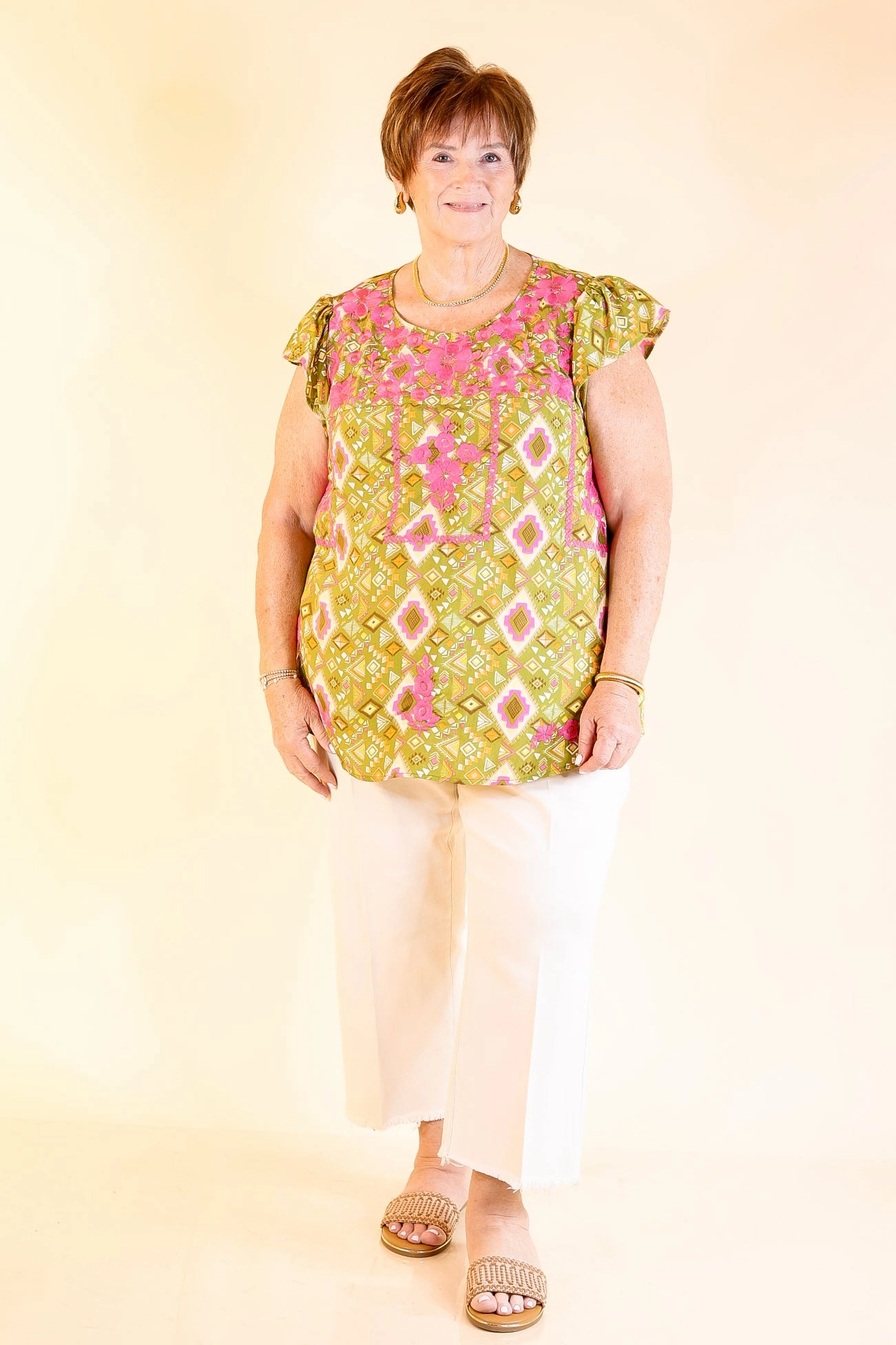 Sweet Serenade Aztec Print Top with Pink Floral Embroidery in Olive Green Functional Comfort