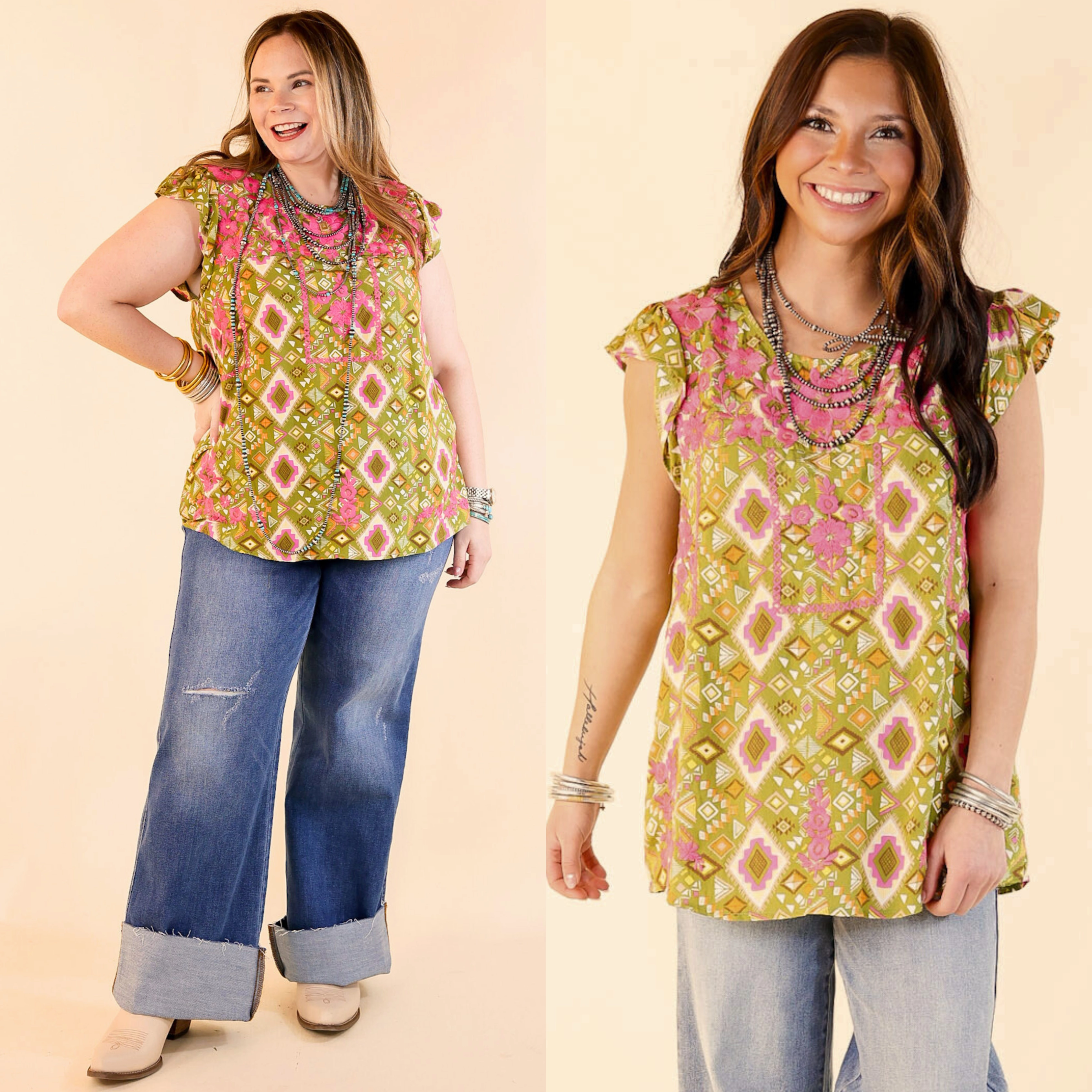 Premium Fabric Breathable back panel Sweet Serenade Aztec Print Top with Pink Floral Embroidery in Olive Green