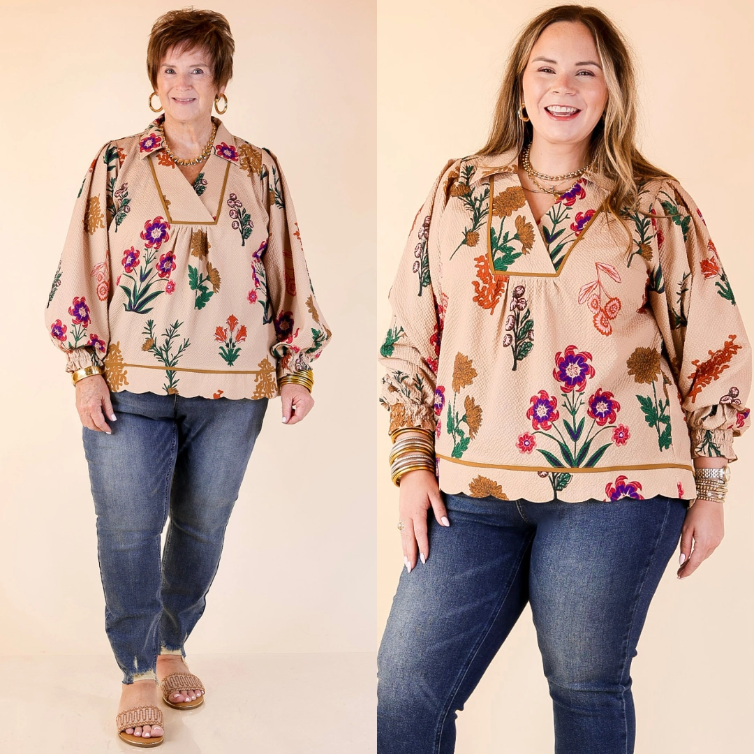Garden Soir??e Floral Print Collared Blouse with Long Balloon Sleeves in Tan quick dry