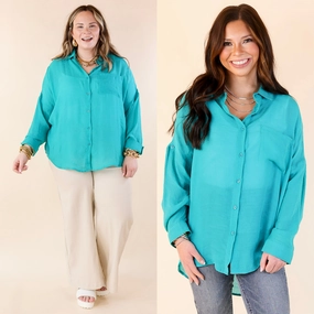 Chilly Day Wear Look on the Bright Side Button Up Long Sleeve in Turquoise Blue
