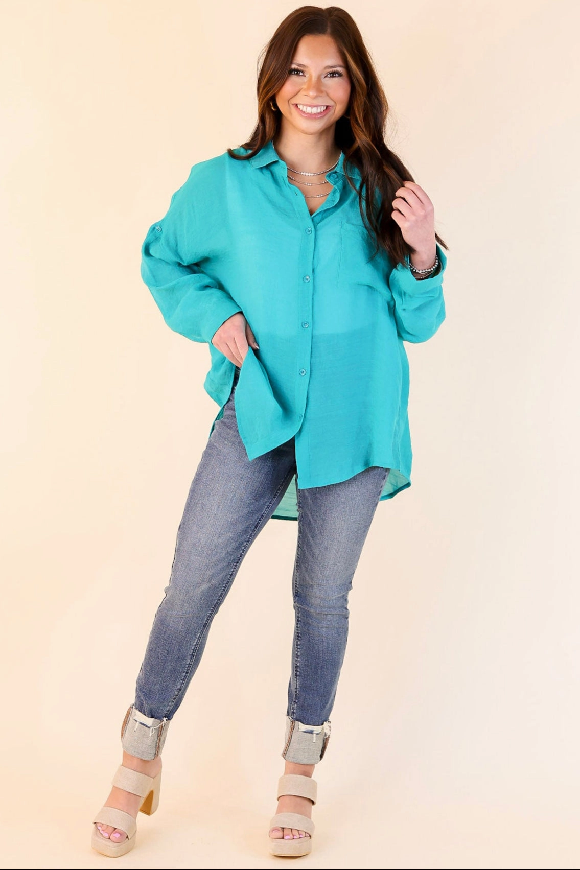 Trendsetting Look on the Bright Side Button Up Long Sleeve in Turquoise Blue