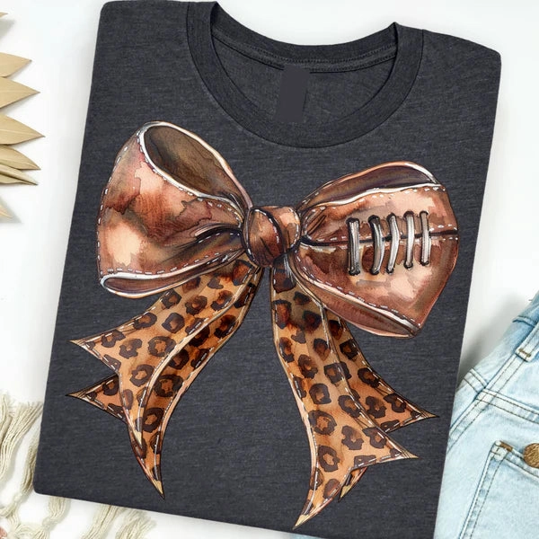 Perfect for Vacation Online Exclusive | Leopard Football Bow Graphic on Short Sleeve Tee in Graphite Grey