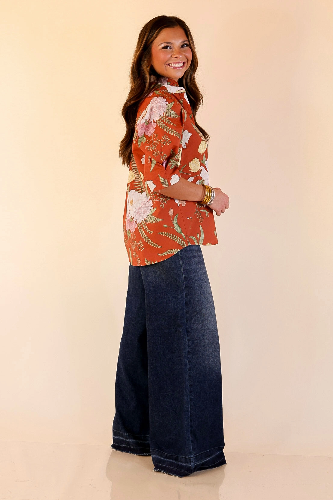 Casual Hangout Job Interview First Glance Button Up Puff Sleeve Floral Print Top in Rust Orange