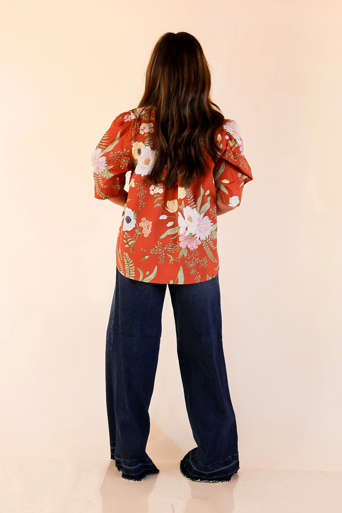 First Glance Button Up Puff Sleeve Floral Print Top in Rust Orange Luxurious Feel