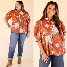 Date night Polished Style First Glance Button Up Puff Sleeve Floral Print Top in Rust Orange