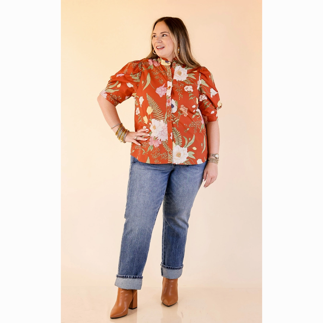 Glossy Texture First Glance Button Up Puff Sleeve Floral Print Top in Rust Orange