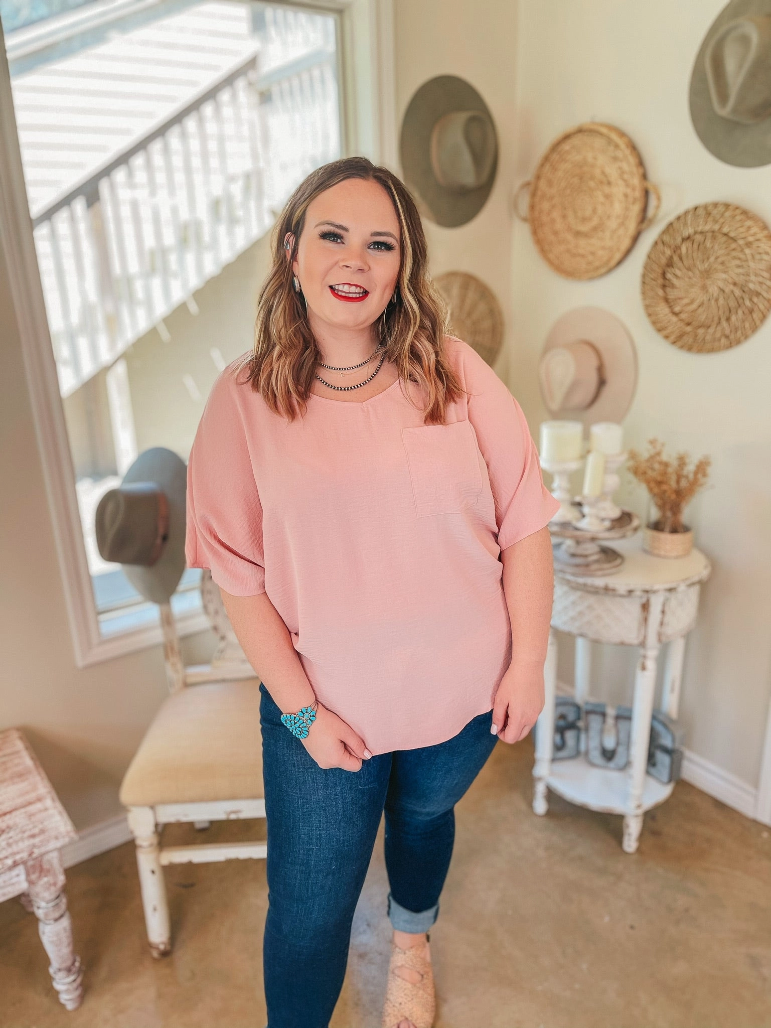 Last Chance Size 3XL | On Record V Neck Short Sleeve Shift Top with Front Pocket in Baby Pink AntiSnagTechnology