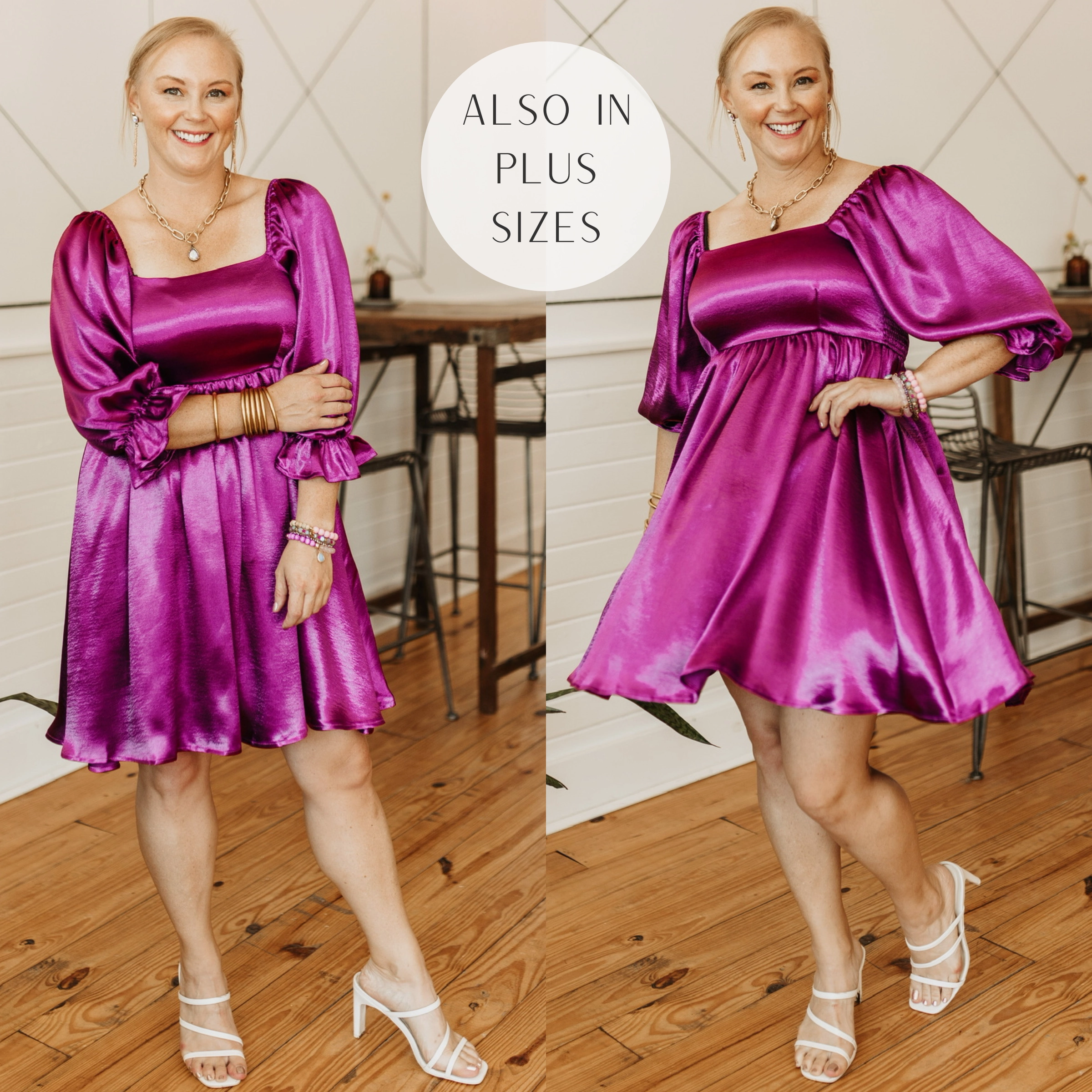 Next Core Feeling Fine Satin Babydoll Dress with 3/4 Sleeves in Magenta