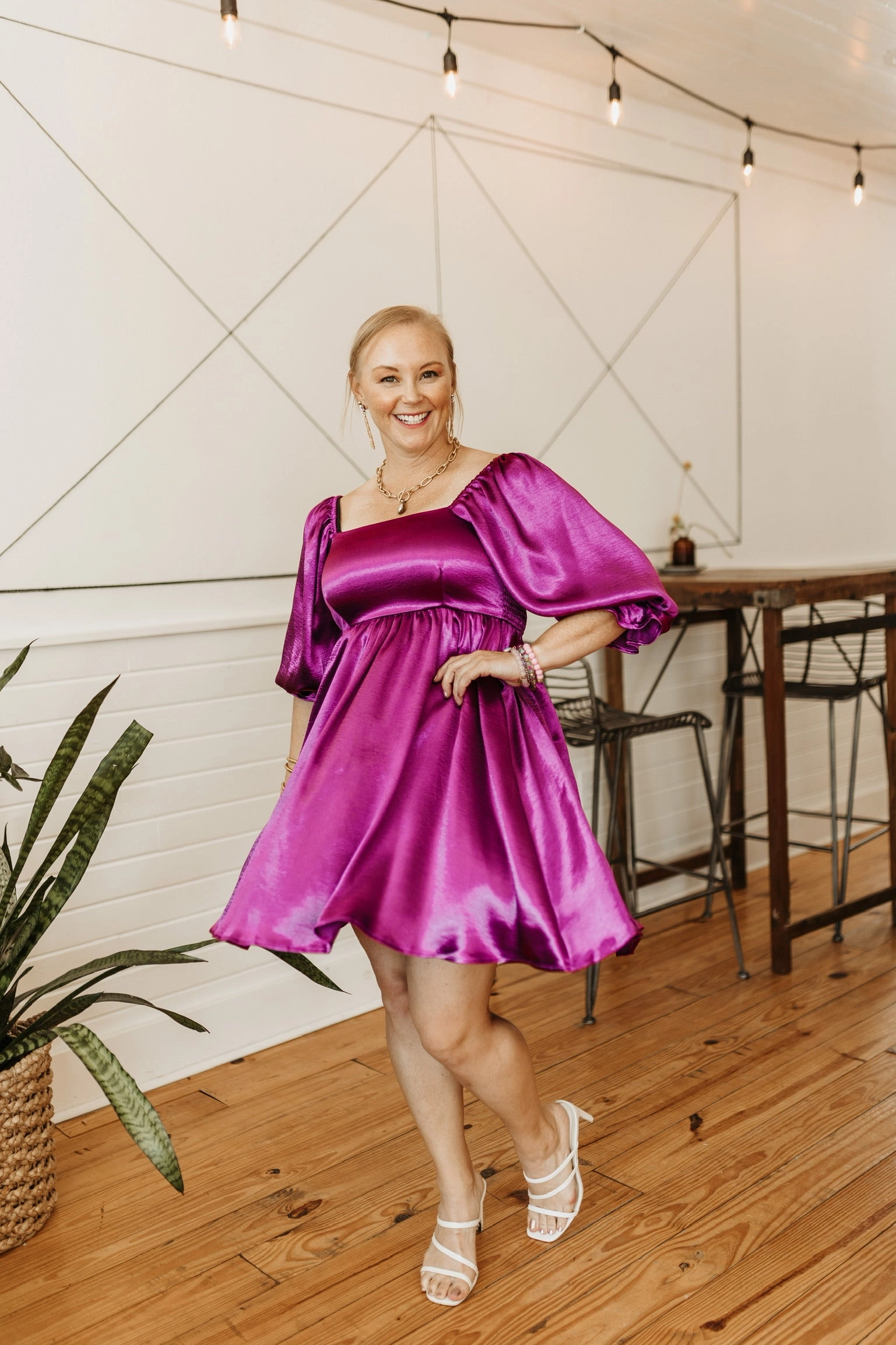 Halo Glow Feeling Fine Satin Babydoll Dress with 3/4 Sleeves in Magenta