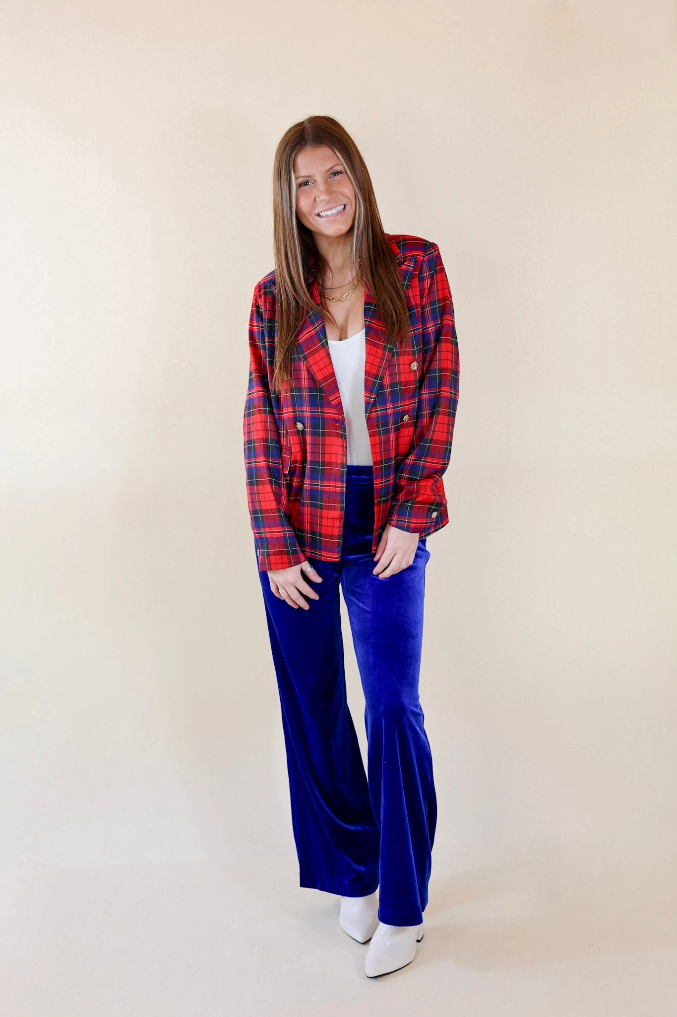 Chic Arrival Velvet Trouser Pants in Royal Blue HighVisibility Trim