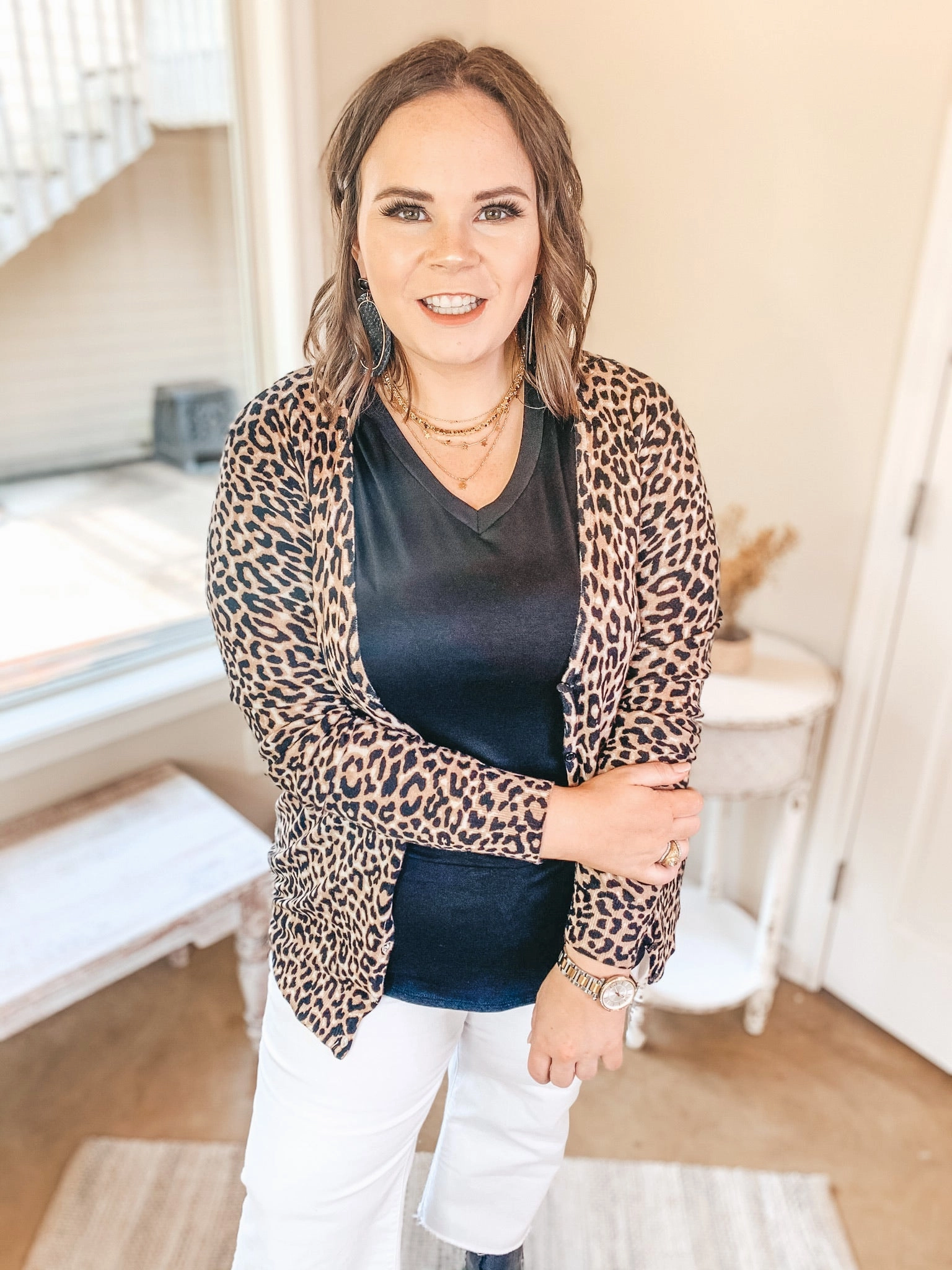 Coffee Dates Button Up Sweater Cardigan in Leopard Craft Core TearResistantMaterial