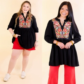 AntiStaticLining You're Invited Floral Embroidered Yoke Babydoll Top in Black