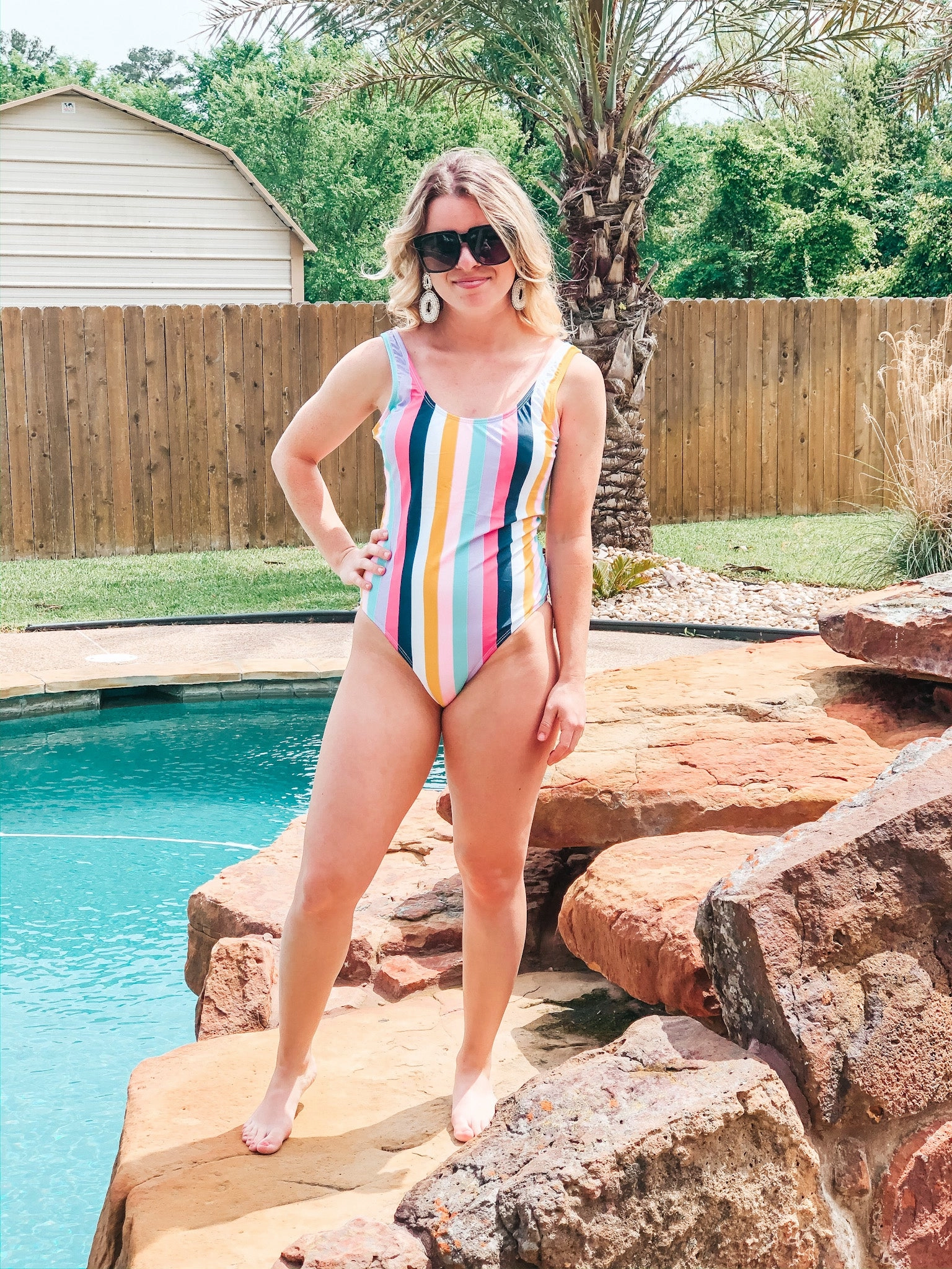 Last Chance Size Small | Paradise Pier Striped One Piece Swimsuit with Open Back in Multicolor OdorControl Technology