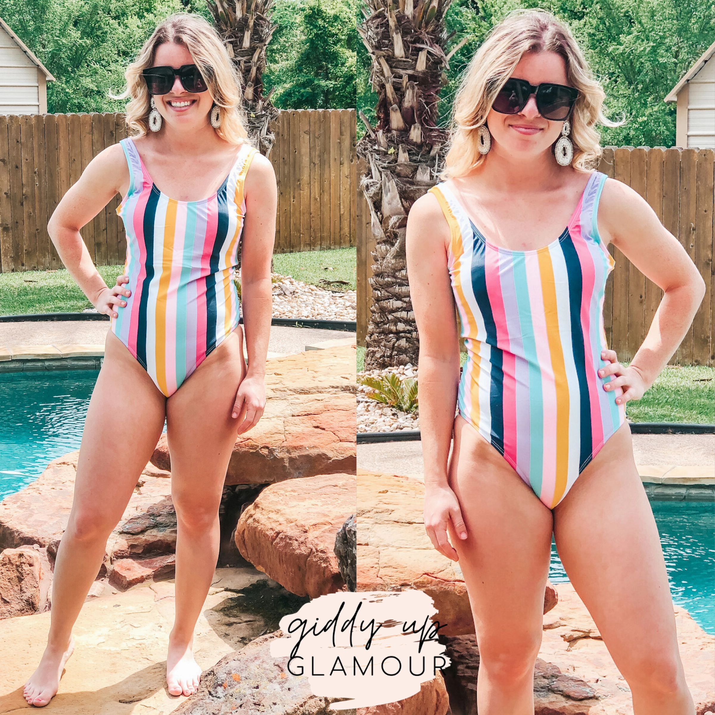 Gentle Glow Last Chance Size Small | Paradise Pier Striped One Piece Swimsuit with Open Back in Multicolor