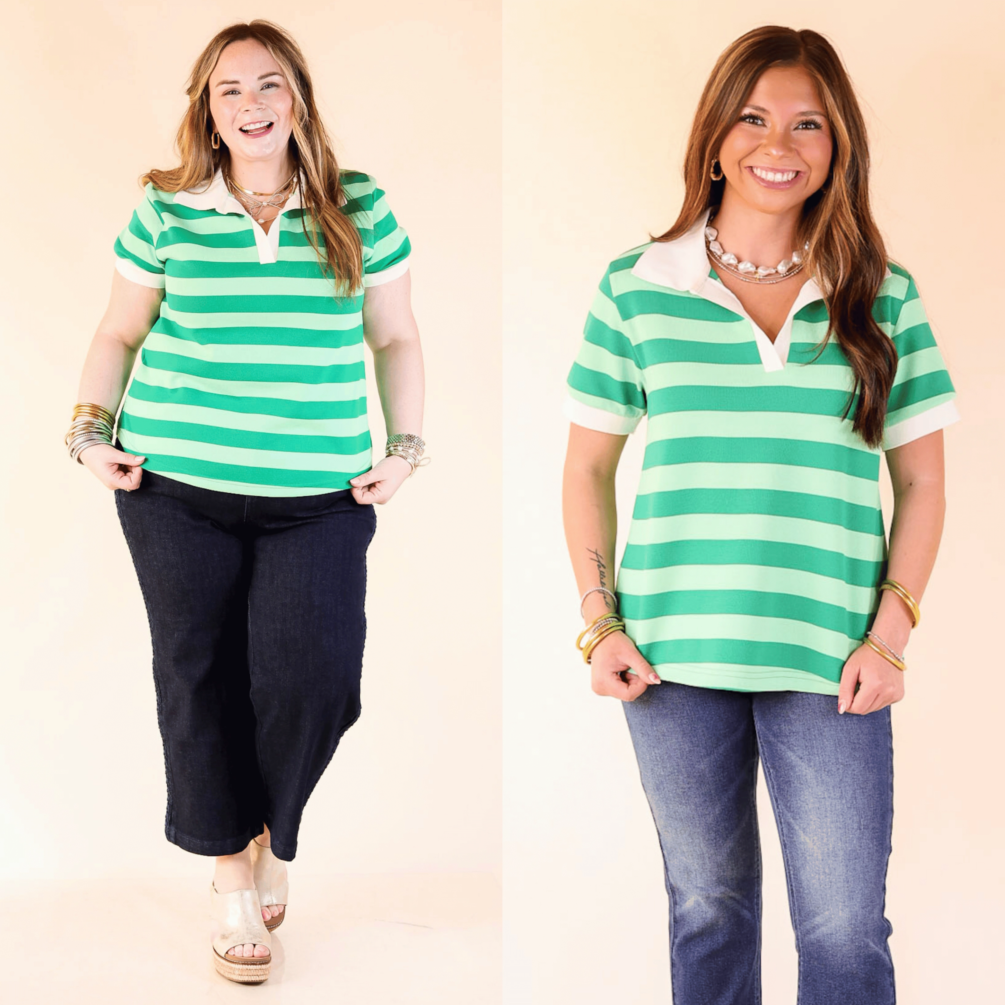 Statement in Stripes Short Sleeve Collared Shirt with Stripes in Green Casual Fashion