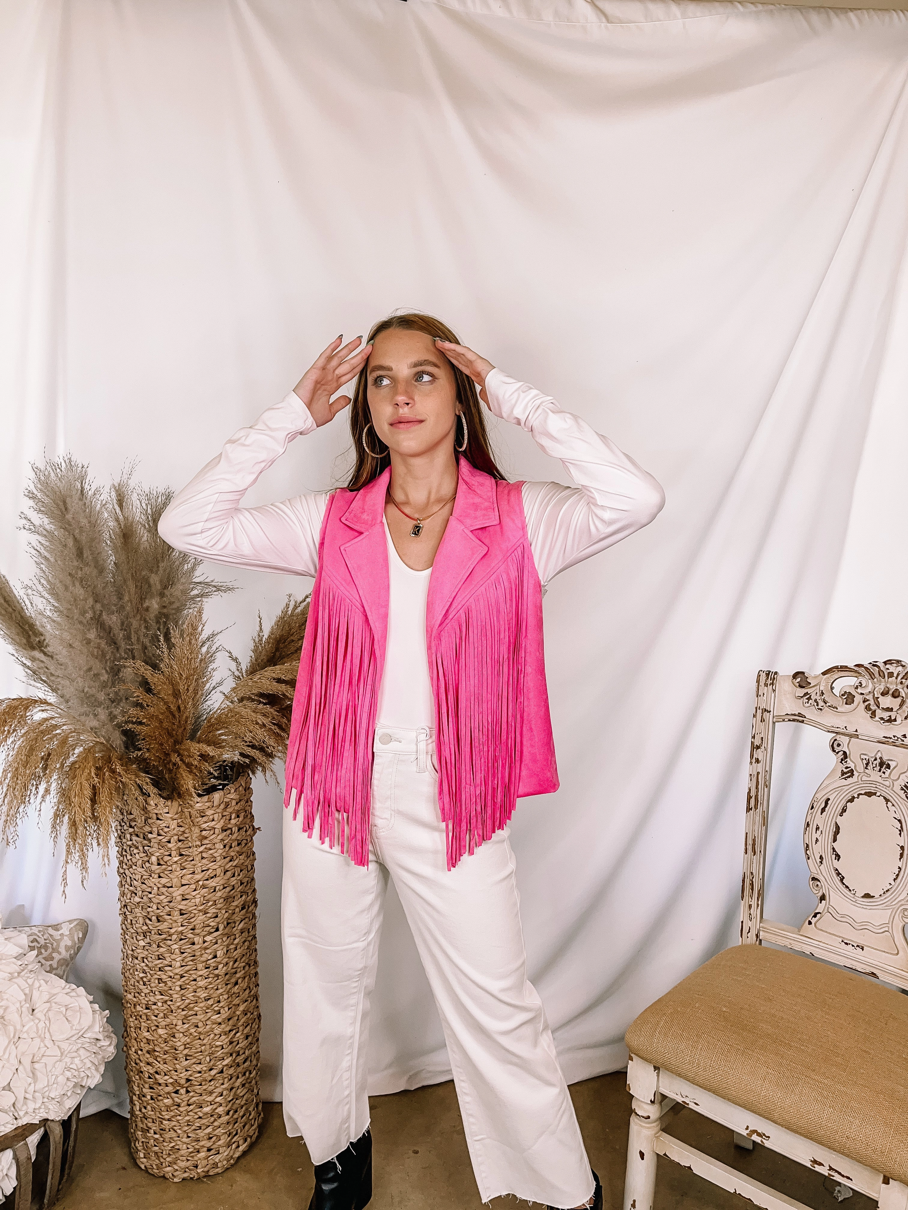 QuickReleaseClosures Wild Weekend Open Front Suede Fringe Vest in Pink