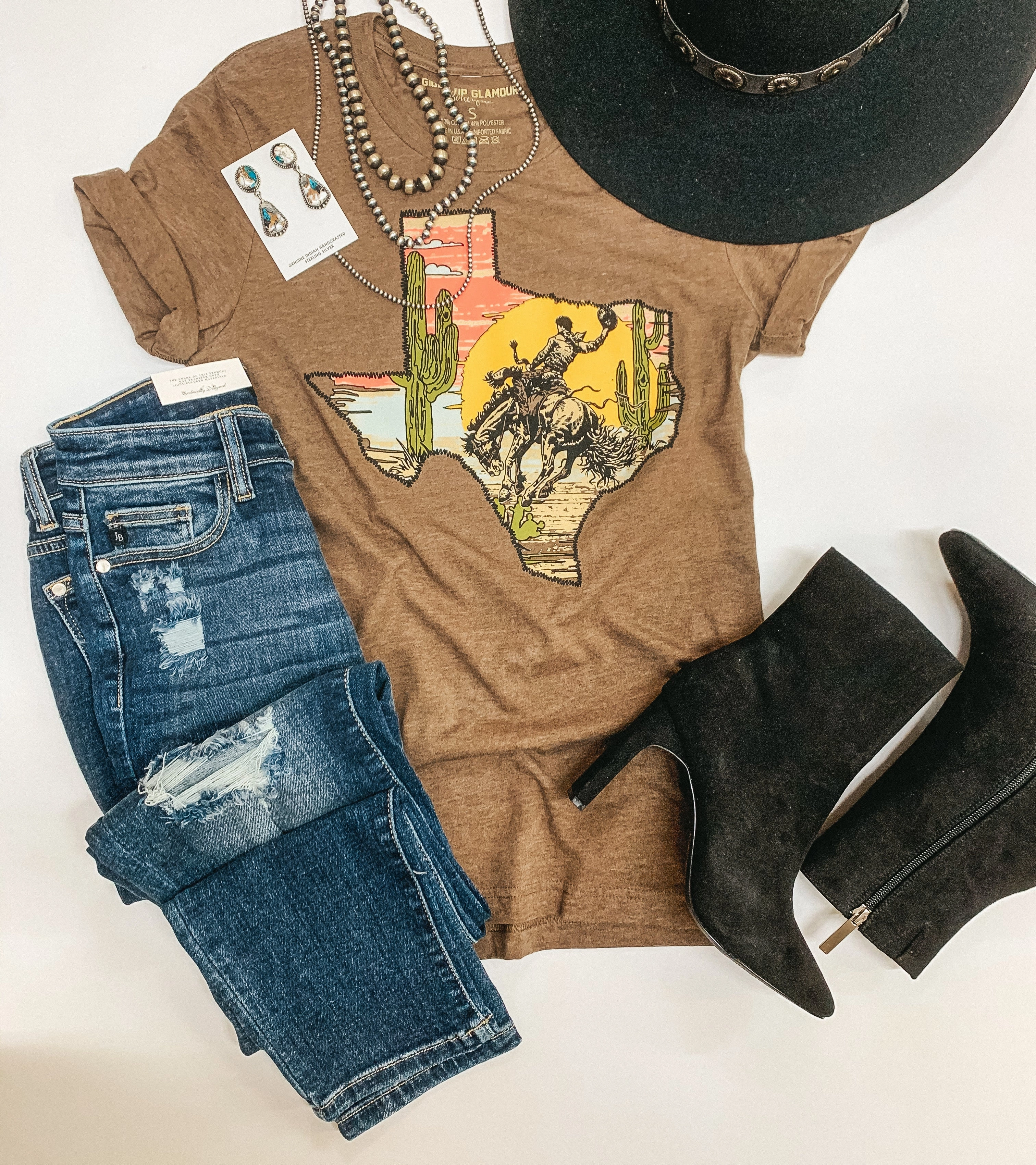 Wild West Saddle Bronc in Texas Inlay Graphic Tee in Heather Brown Dance Light