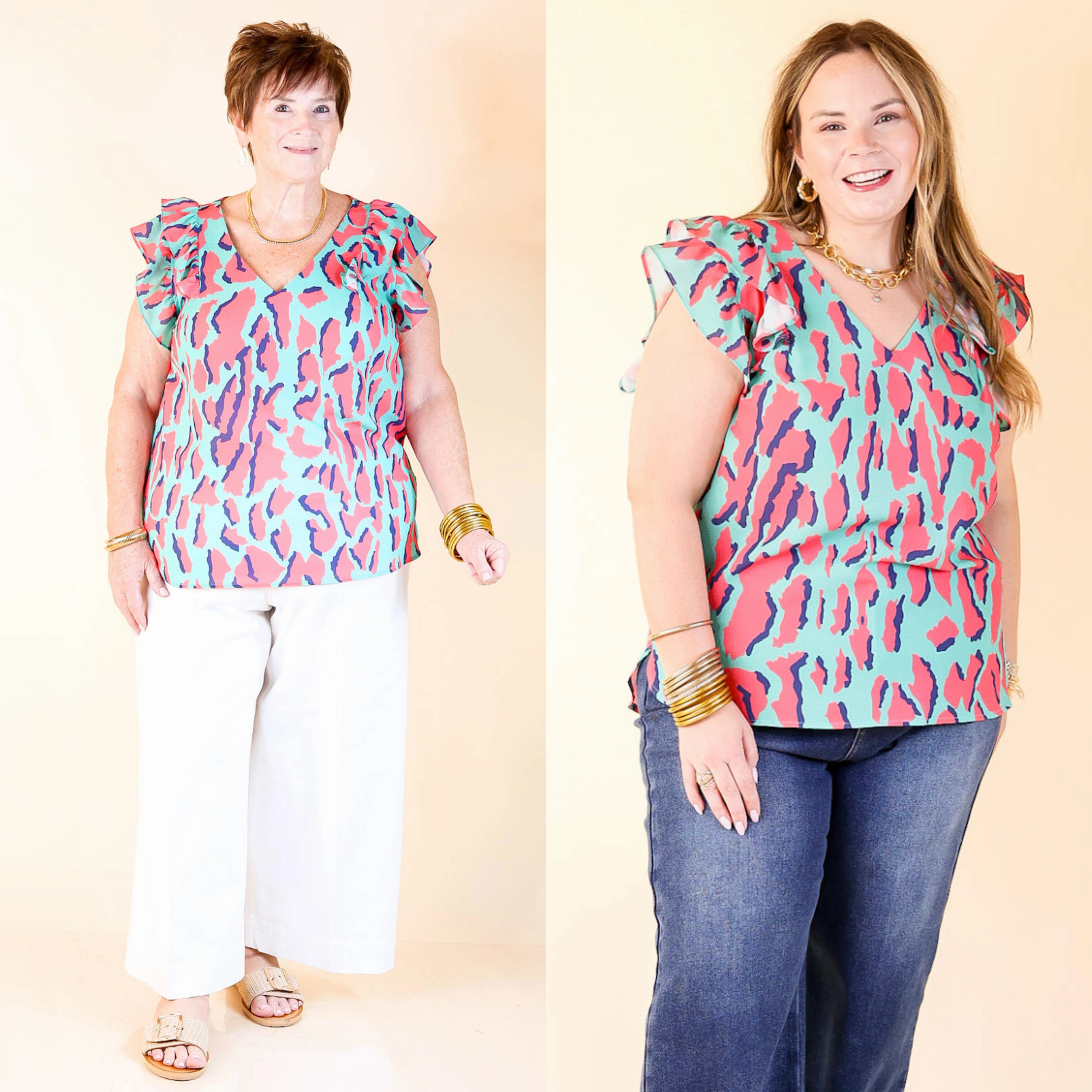 Wild Whirl Multi Colored Leopard Print Blouse with Ruffle Cap Sleeves in Mint Shimmer Core