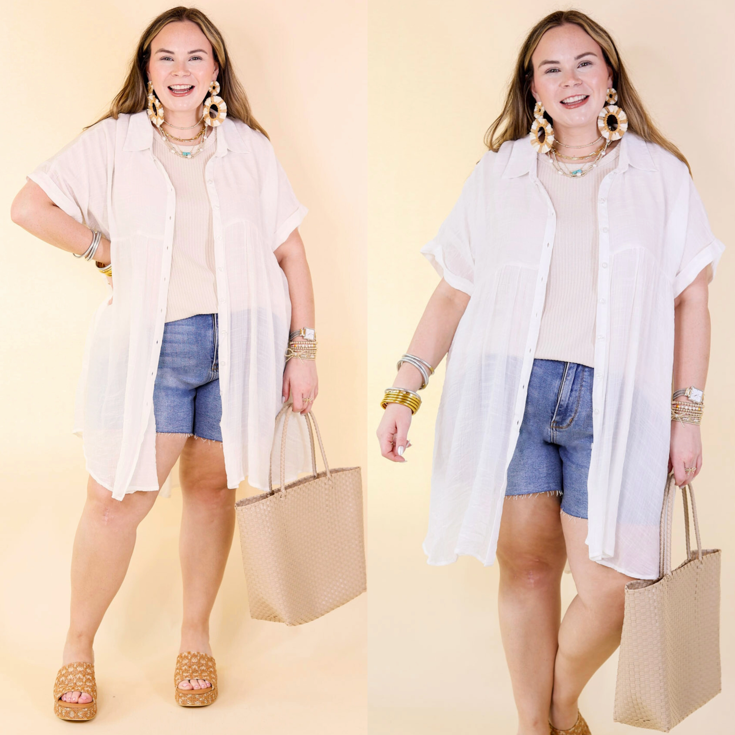 Wildest Dreams Button Up Short Sleeve Tunic Dress in White Classic Fit Subtle Motion