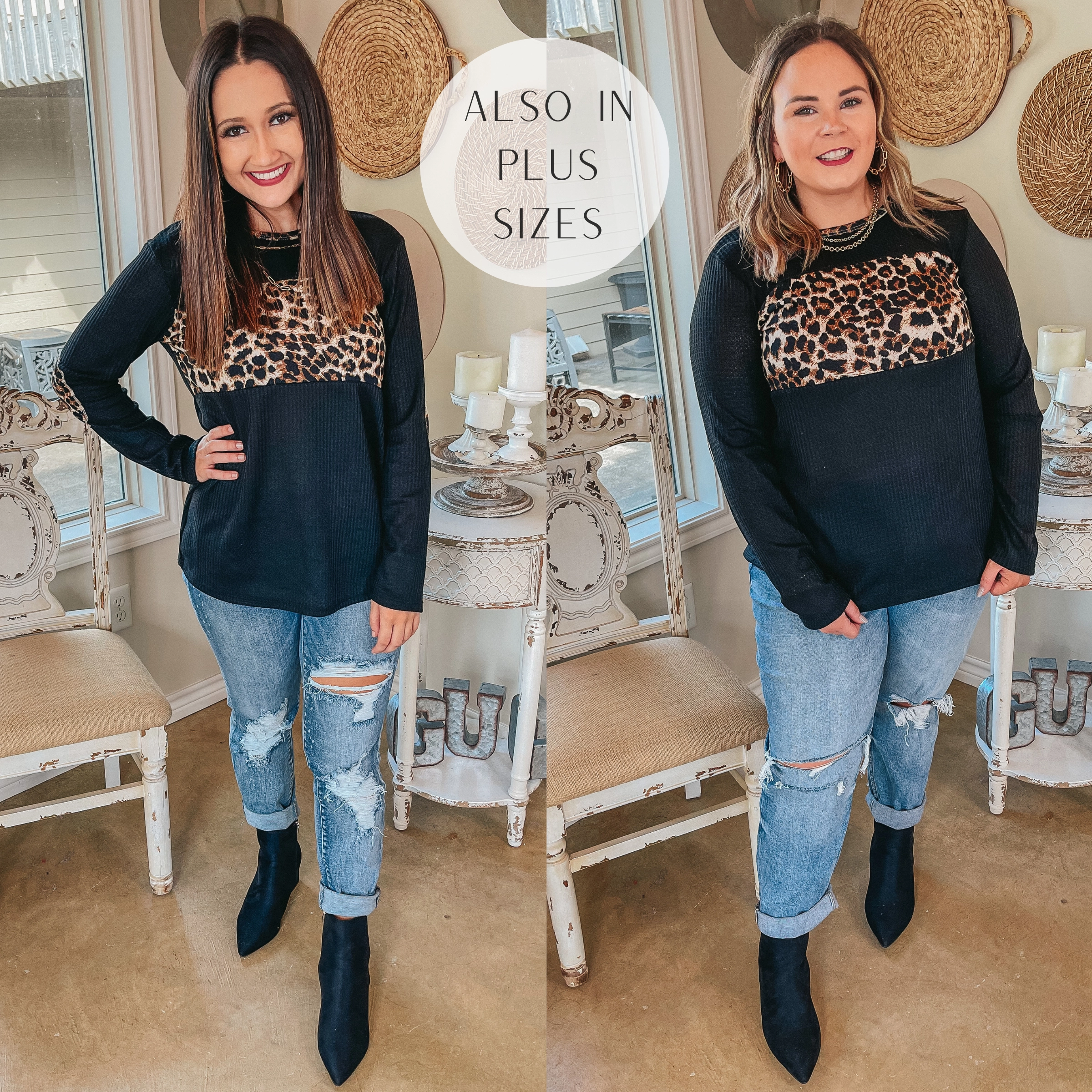 DurableCoverstitch Virtual Fit Wildly Cozy Waffle Knit Top with Leopard Bust and Elbow Patches in Black