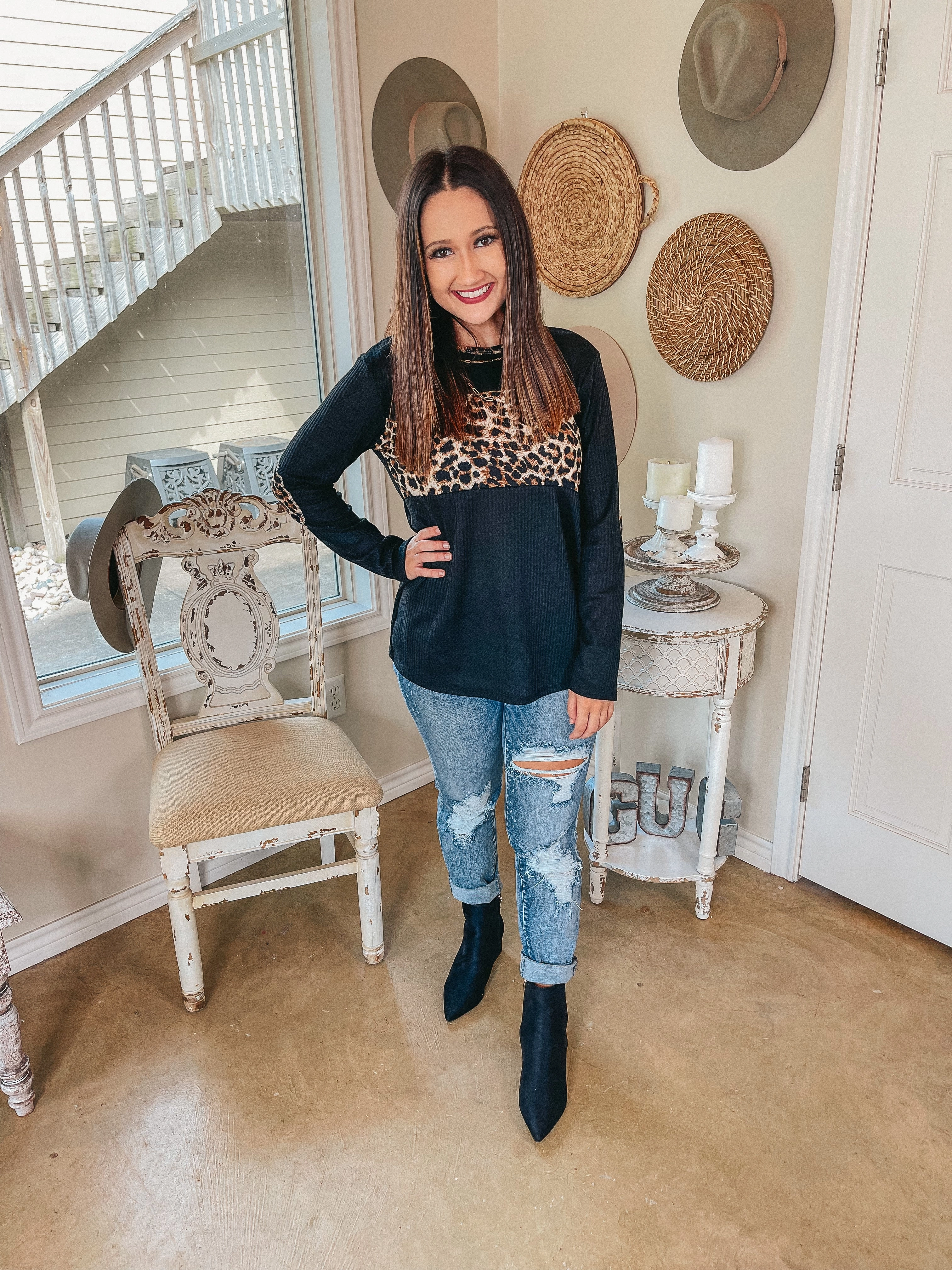 Office Mood Soft Sweater Wildly Cozy Waffle Knit Top with Leopard Bust and Elbow Patches in Black